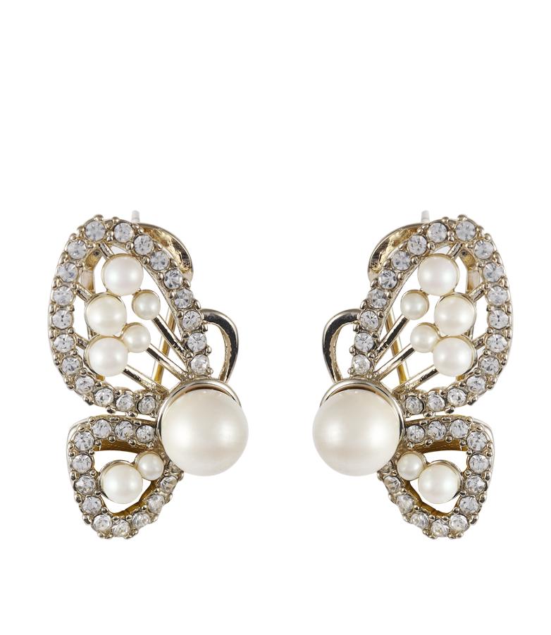Vintage Butterfly Pearl Earrings - Elegant Copper Butterfly Stud Earrings - Handmade Crystal Pearl Earrings - Dainty Butterfly Jewelry