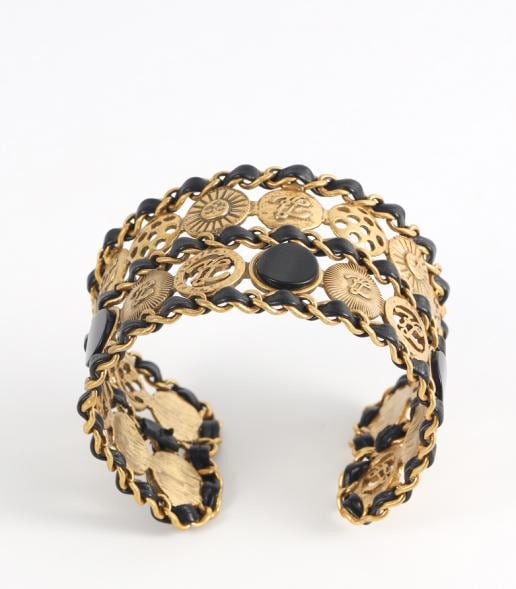 Vintage Chinese Coin Cuff Bracelet, Gold Filigree Wide Bangle, Black Enamel Open Cuff, Retro Asian Inspired Jewelry