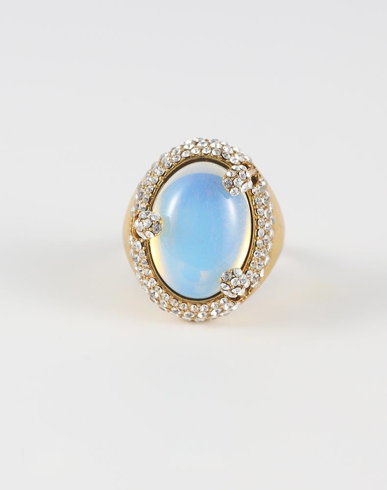 French Vintage Opalite Jewelry Set | Gold-Plated Necklace Ring Earrings with Swarovski