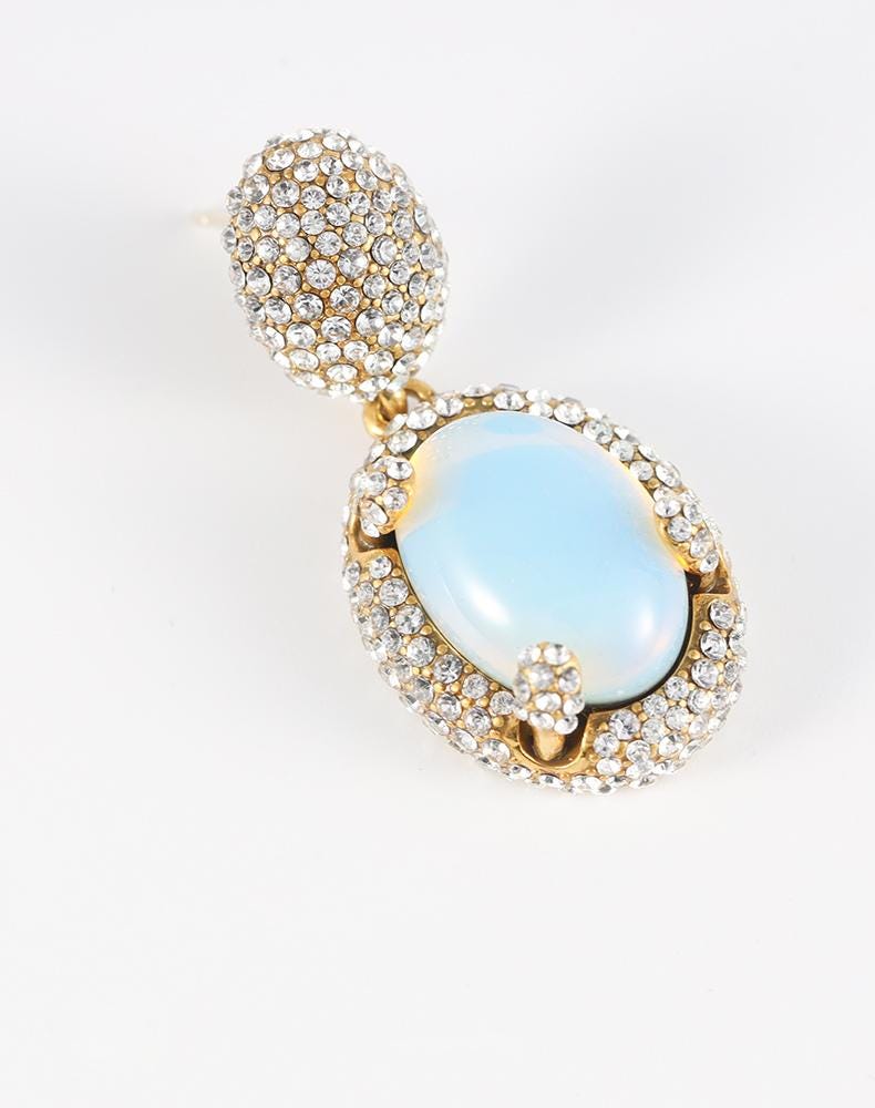 French Vintage Opalite Jewelry Set | Gold-Plated Necklace Ring Earrings with Swarovski