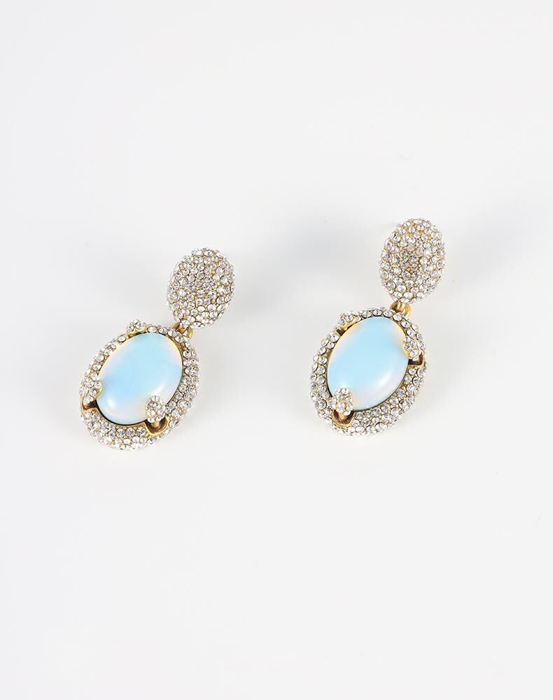 French Vintage Opalite Jewelry Set | Gold-Plated Necklace Ring Earrings with Swarovski