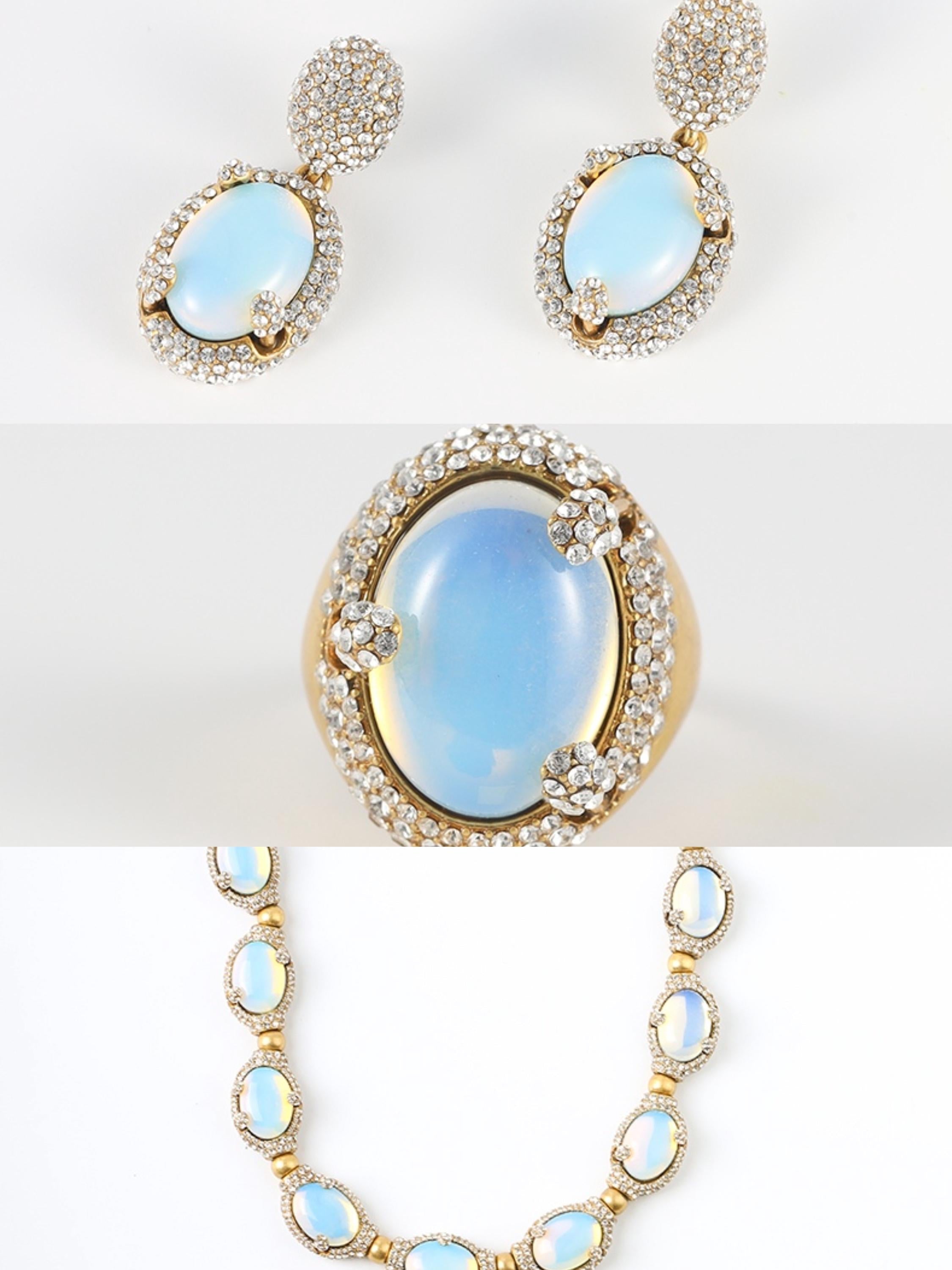 French Vintage Opalite Jewelry Set | Gold-Plated Necklace Ring Earrings with Swarovski