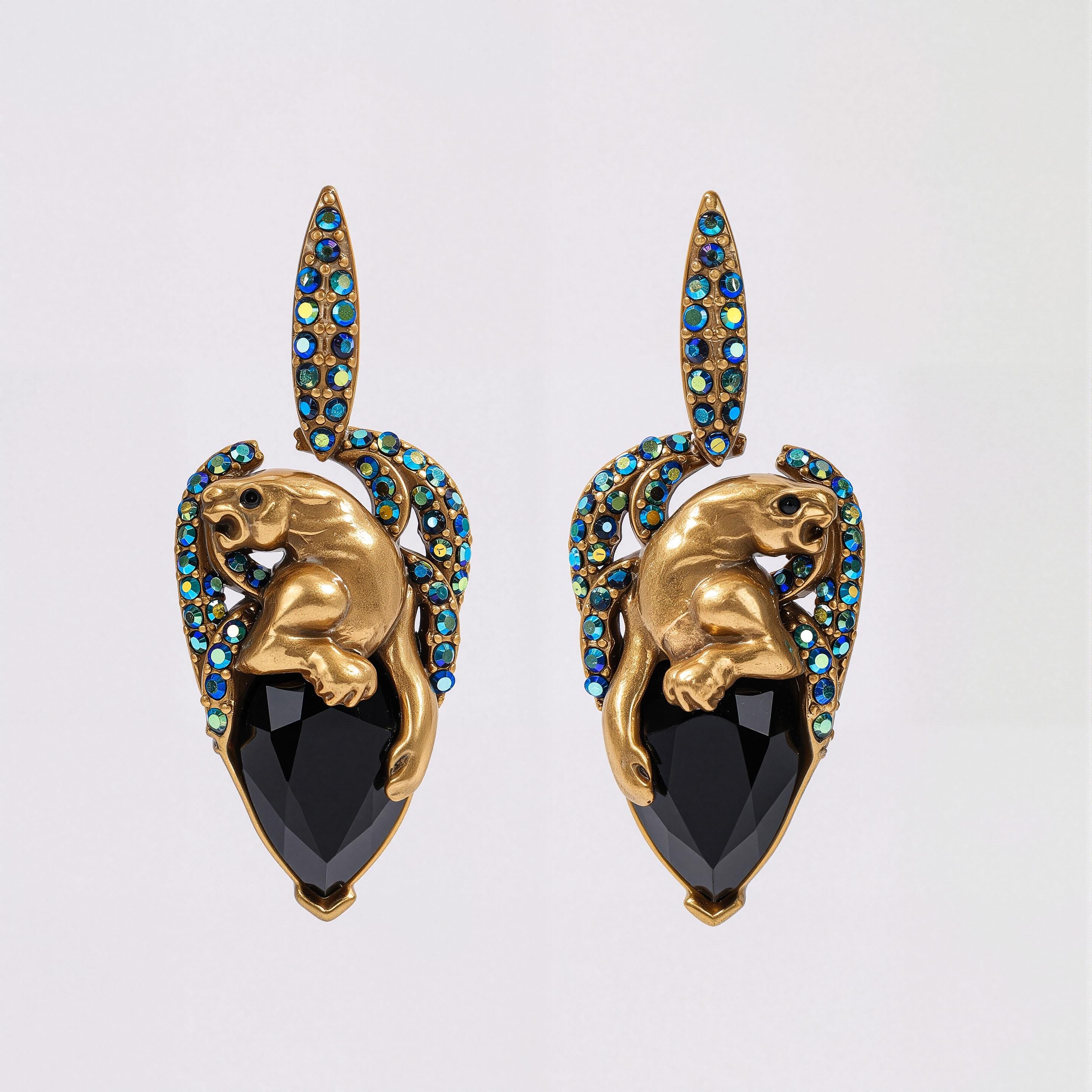 Vintage Earrings ·Vintage Panther Statement Earrings · Gothic Black Crystal Drop · Animal Jewelry Gift