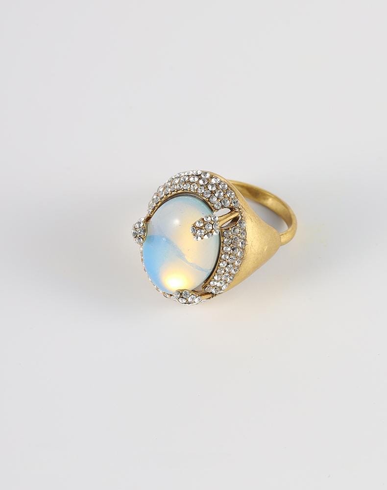 French Vintage Opalite Jewelry Set | Gold-Plated Necklace Ring Earrings with Swarovski