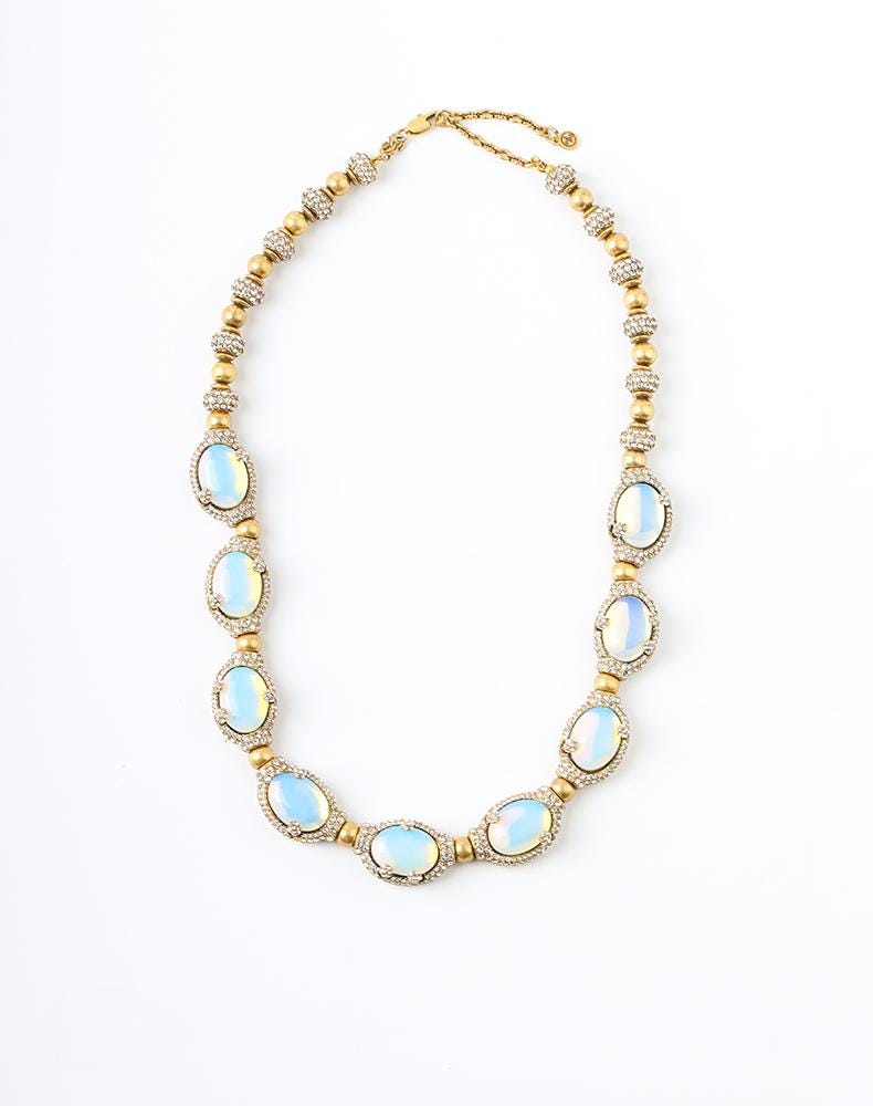 French Vintage Opalite Jewelry Set | Gold-Plated Necklace Ring Earrings with Swarovski