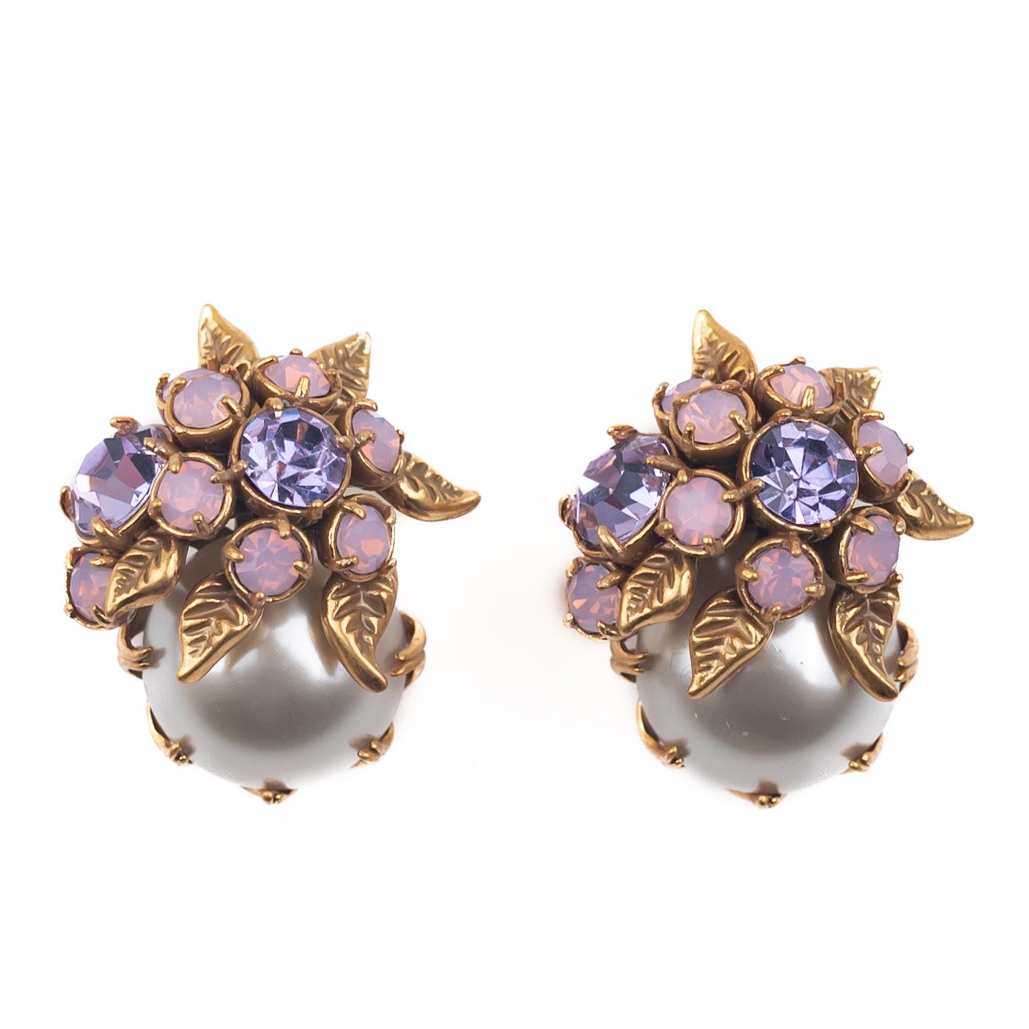 Jewelry set | pearl necklace |Floral Pearl & Purple Crystal Earrings | Vintage Gold Flower Studs | vintage Earrings