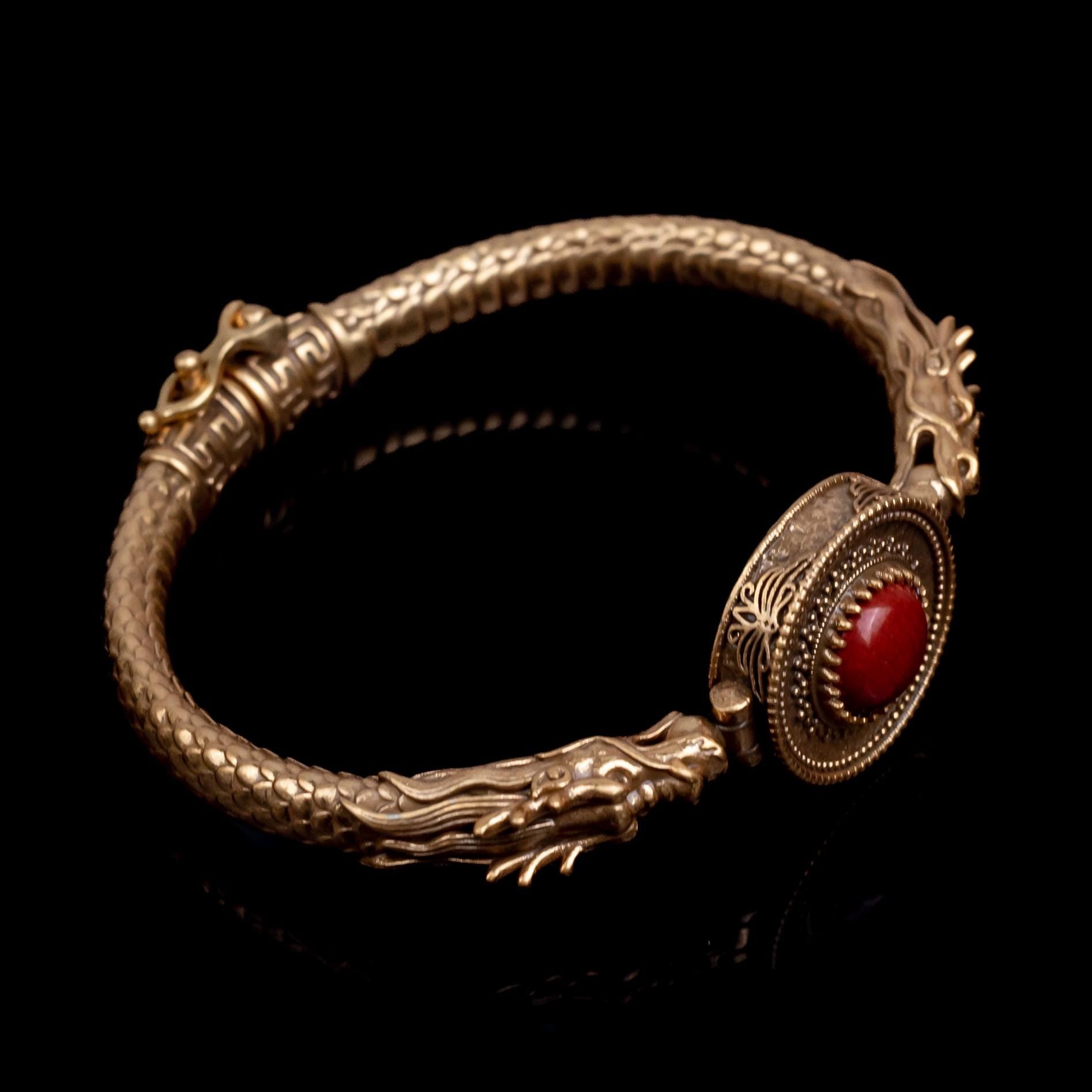 Dragon Vintage Bangle with Red Gem Centerpiece | Retro Chinese Style Bracelet |vintage bracelet