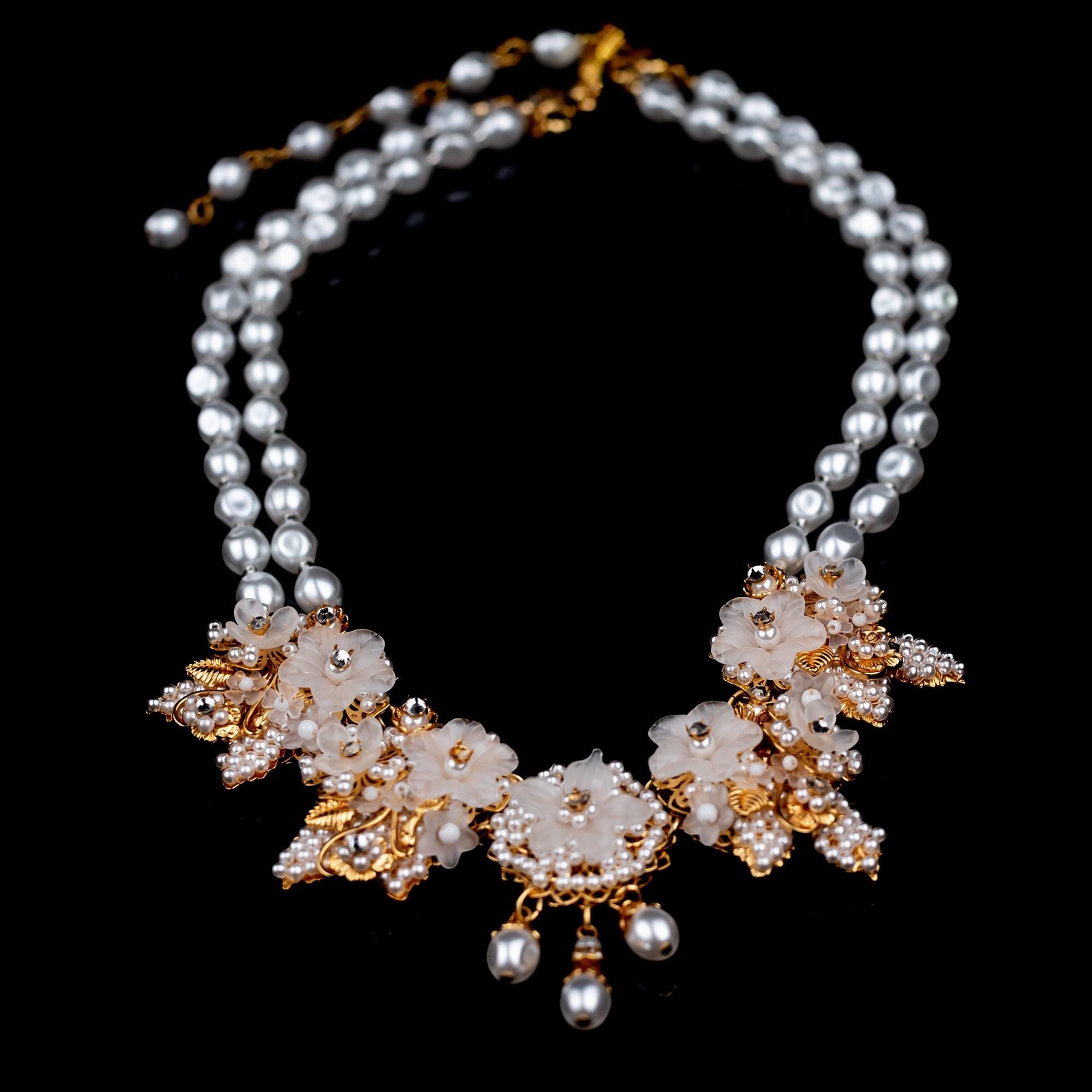Pearl Flower Statement Necklace with Crystal Accents | Elegant Bridal Choker |vintage necklace