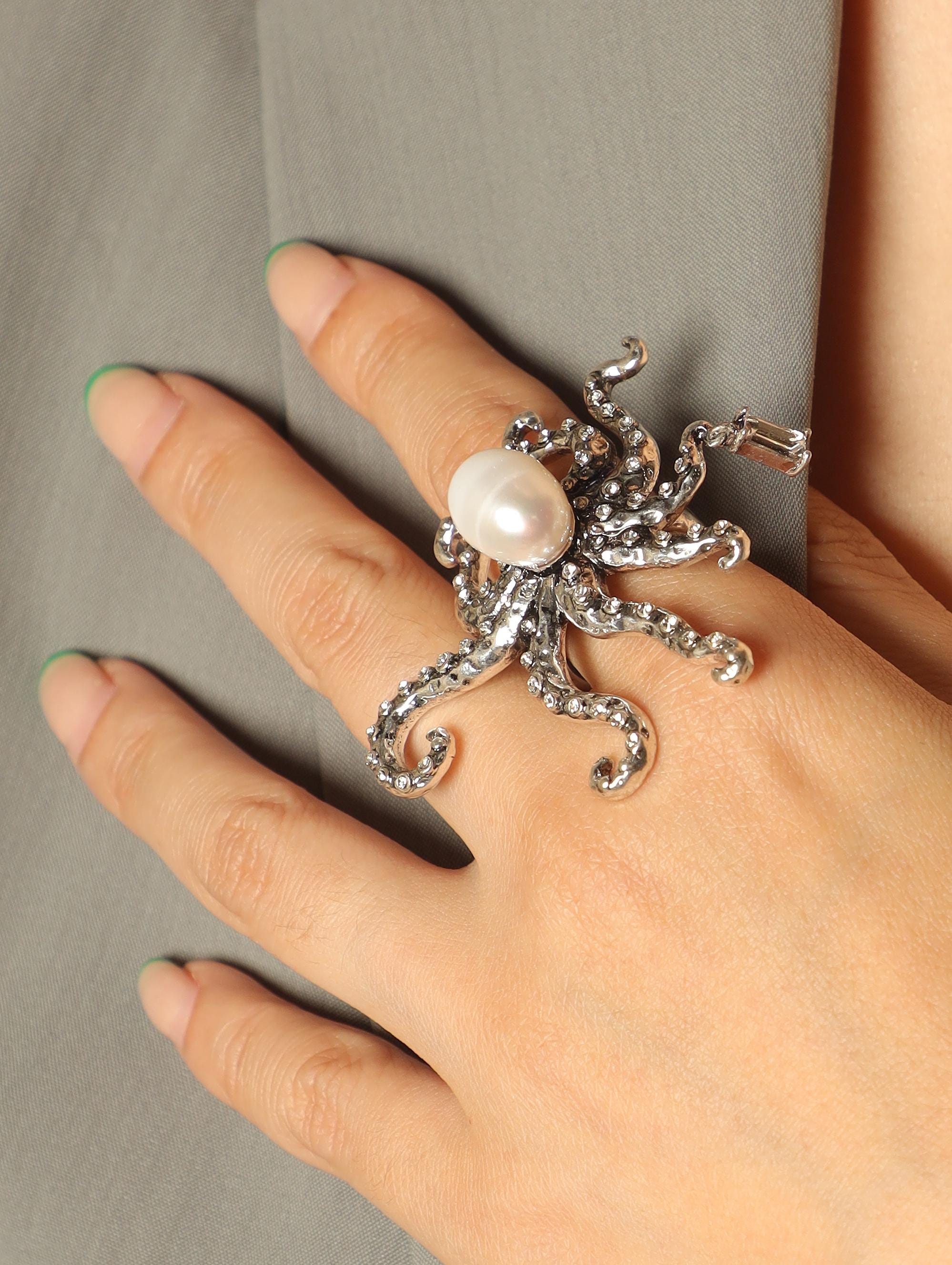 Handmade Octopus Pearl Ring | Baroque Freshwater Pearl Adjustable Ring | Ocean Gothic Statement Jewelry | Gift for Her