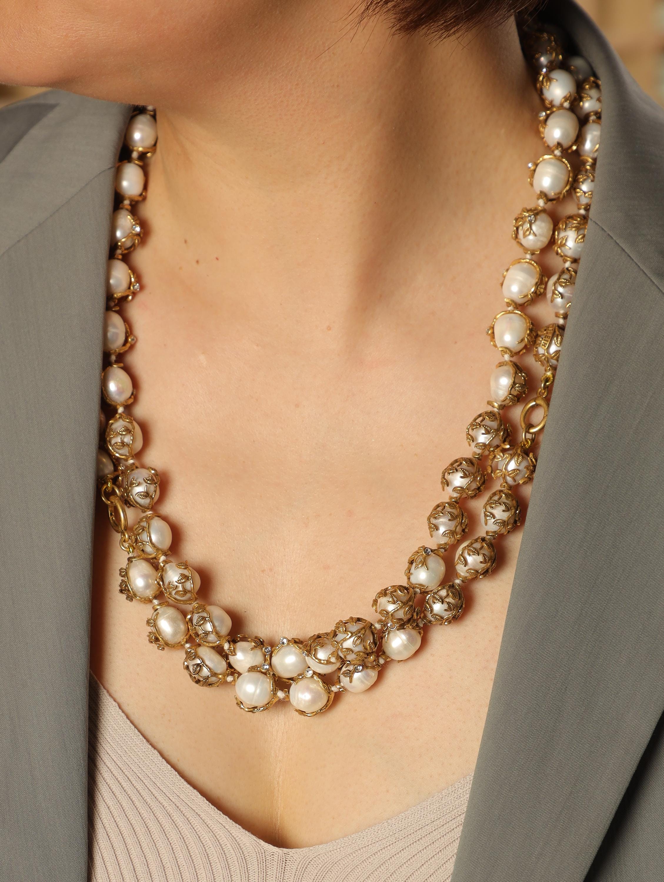 Vintage Baroque Pearl Necklace with Gold Filigree Setting | Elegant Retro Statement Jewelry