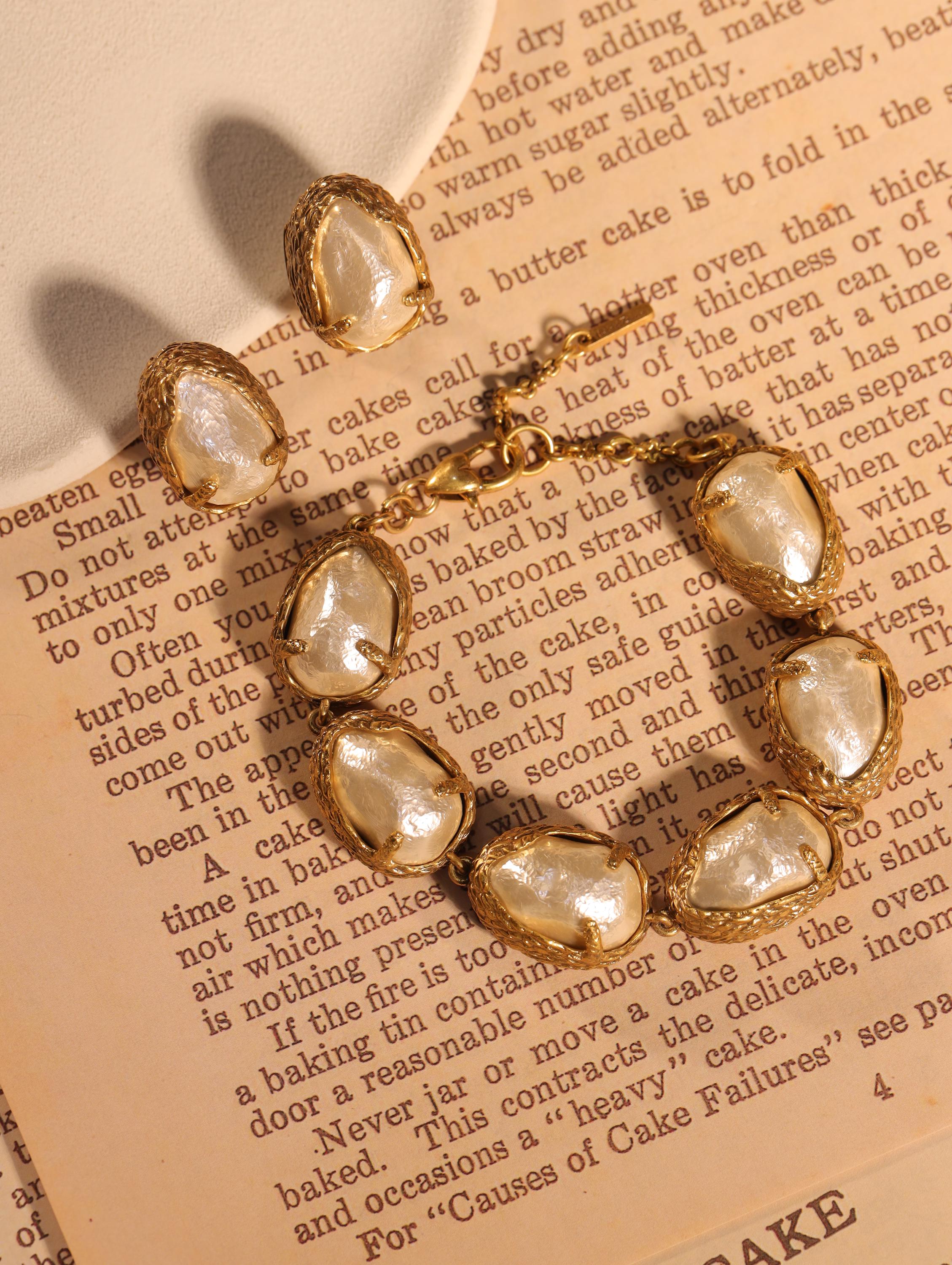 Baroque Pearl Jewelry Set  Vintage Textured Gold Bracelet & Earrings | Handmade Statement Set