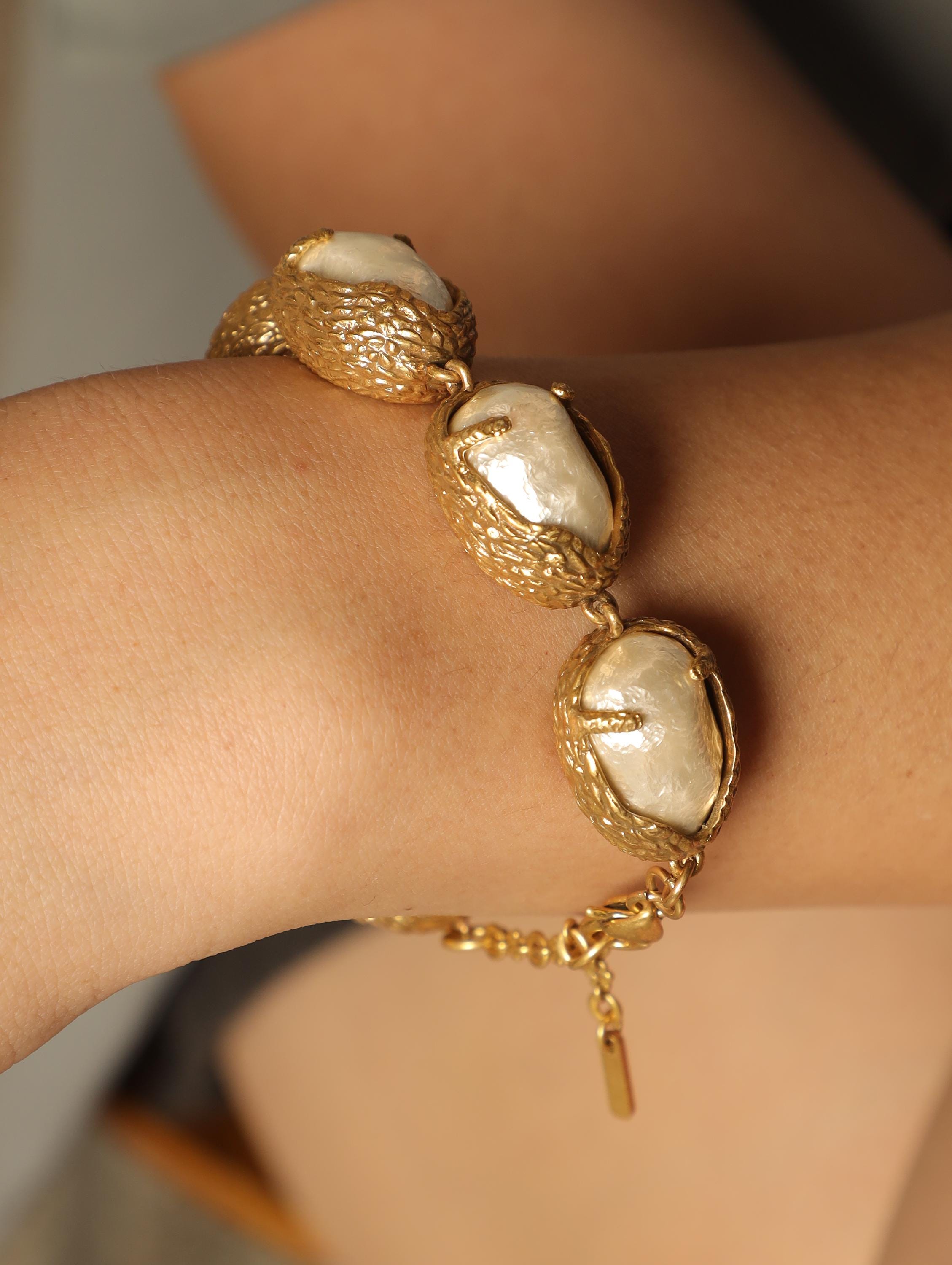 Baroque Pearl Jewelry Set  Vintage Textured Gold Bracelet & Earrings | Handmade Statement Set