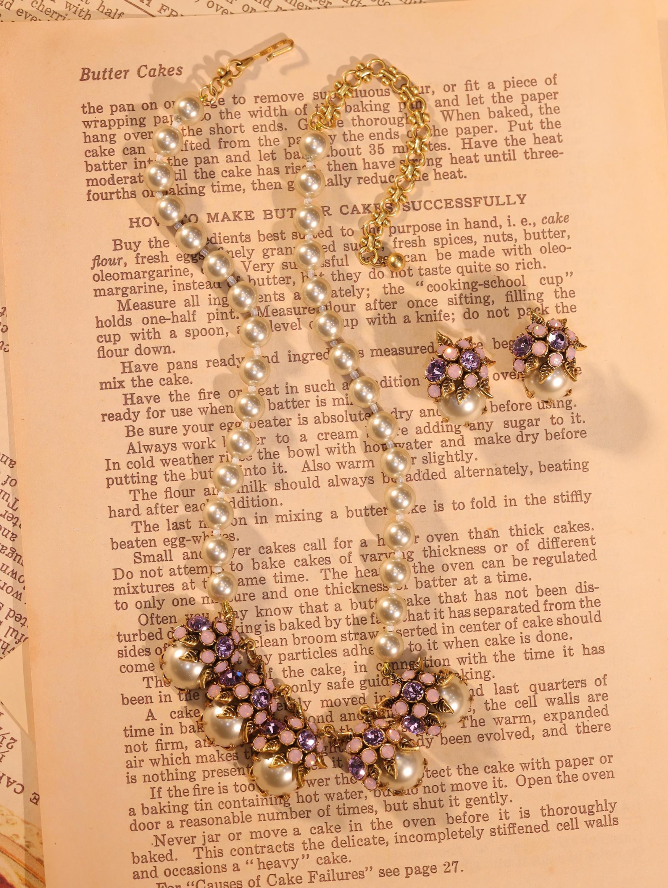 Jewelry set | pearl necklace |Floral Pearl & Purple Crystal Earrings | Vintage Gold Flower Studs | vintage Earrings