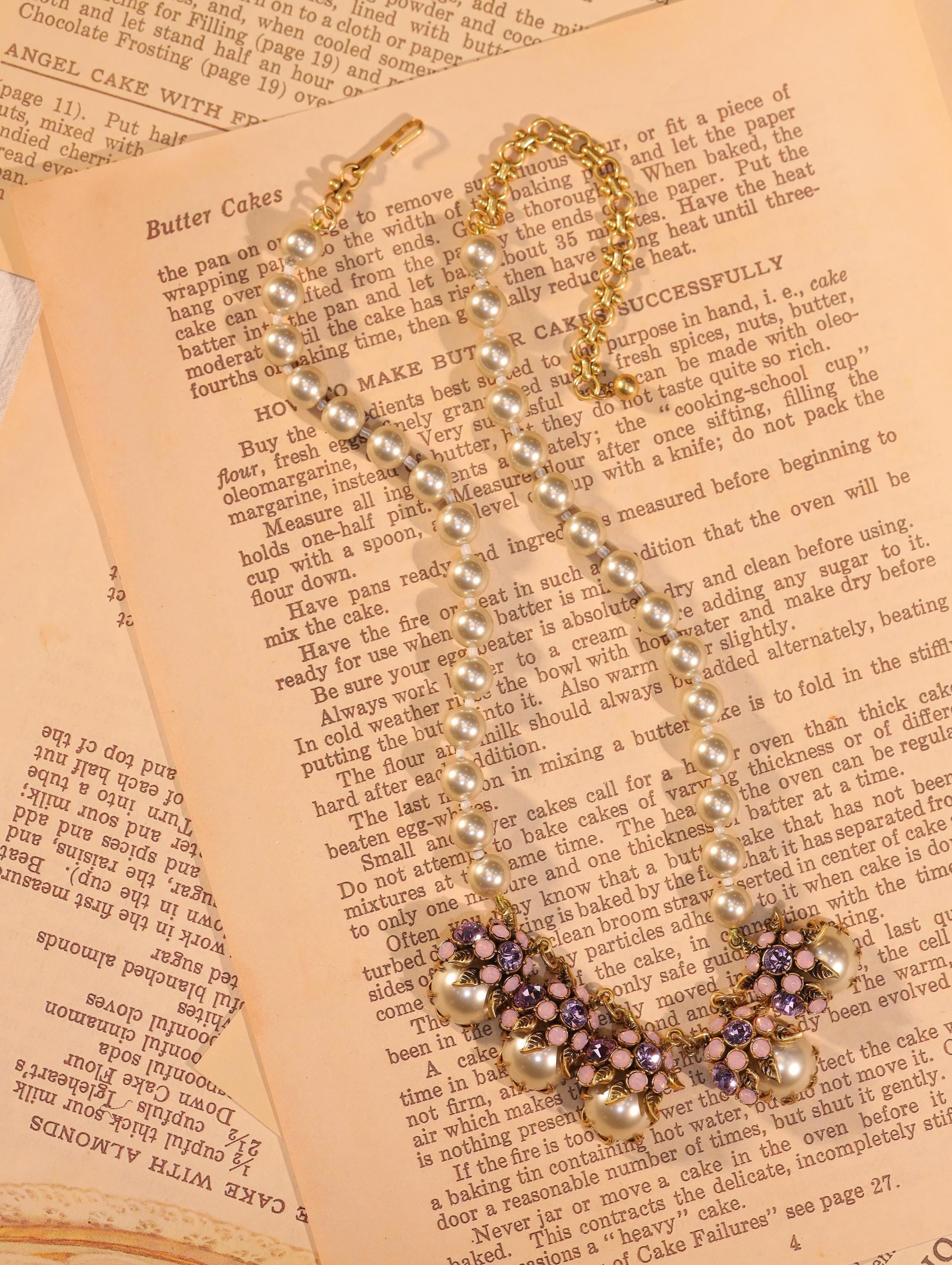 Jewelry set | pearl necklace |Floral Pearl & Purple Crystal Earrings | Vintage Gold Flower Studs | vintage Earrings