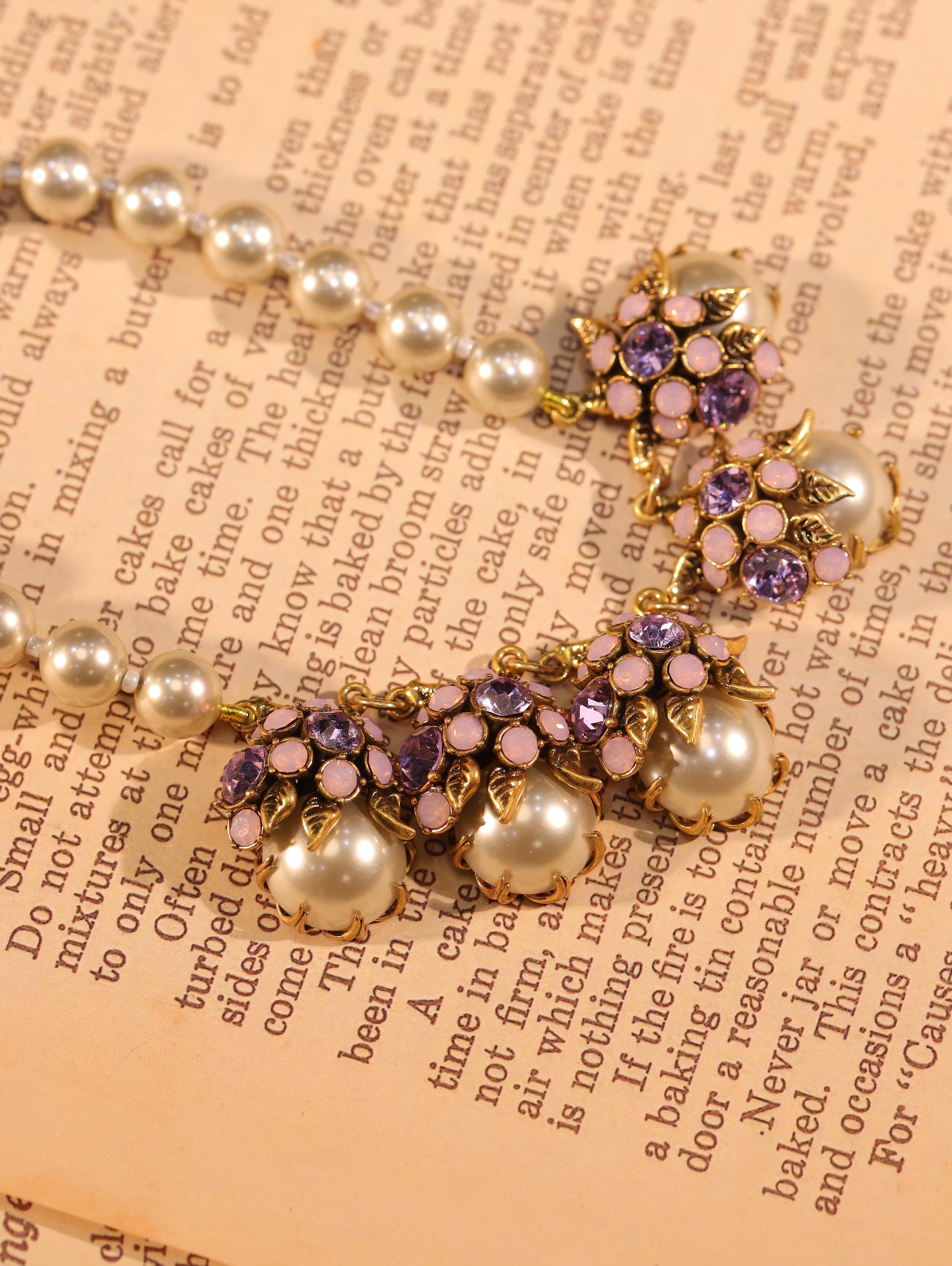 Jewelry set | pearl necklace |Floral Pearl & Purple Crystal Earrings | Vintage Gold Flower Studs | vintage Earrings