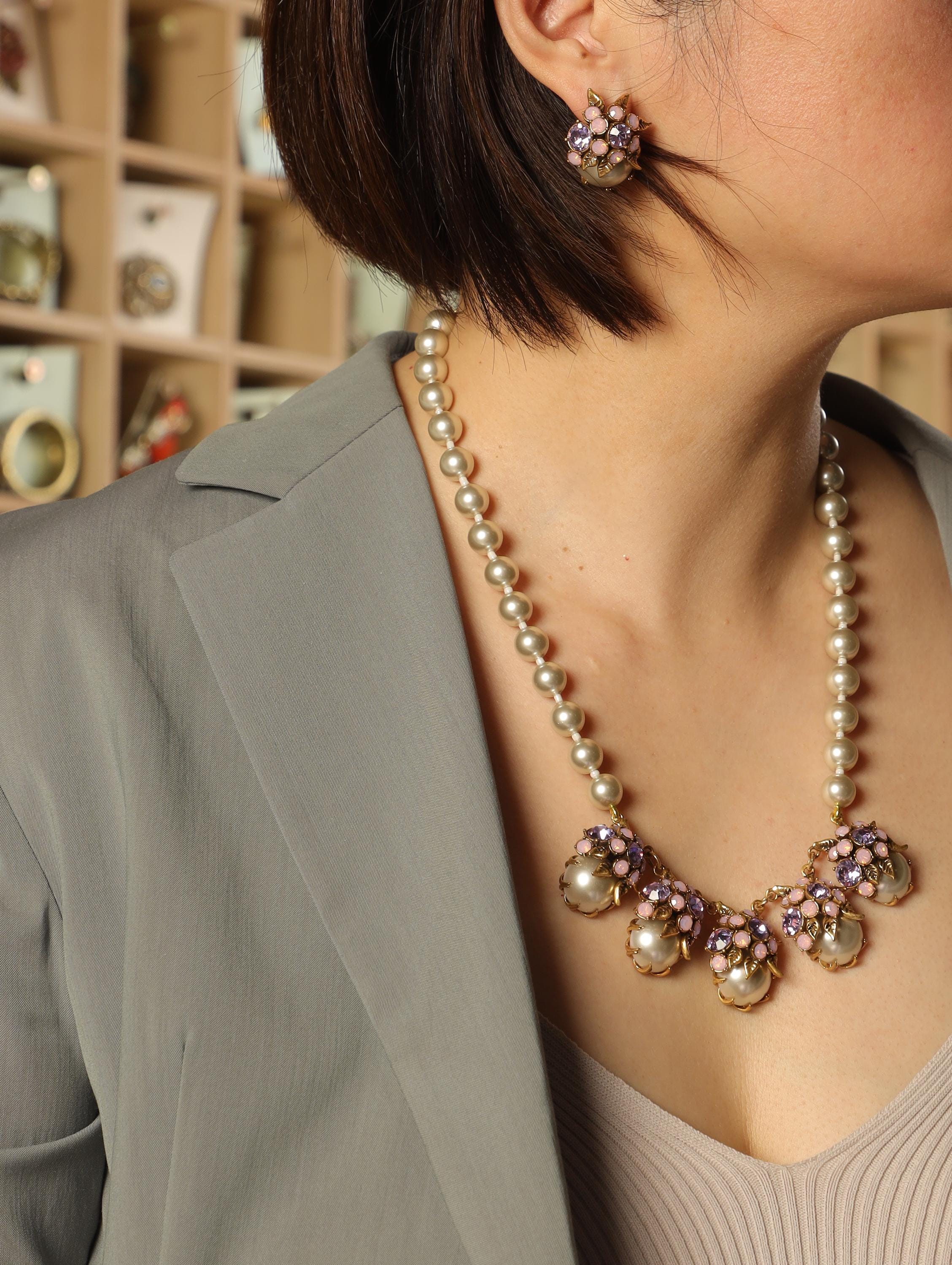 Jewelry set | pearl necklace |Floral Pearl & Purple Crystal Earrings | Vintage Gold Flower Studs | vintage Earrings