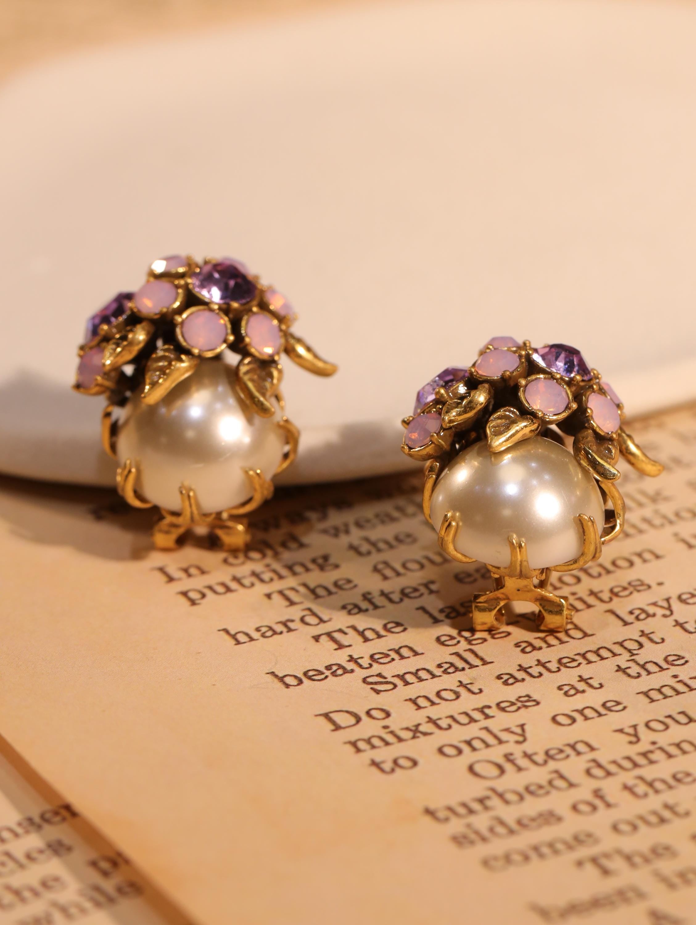 Jewelry set | pearl necklace |Floral Pearl & Purple Crystal Earrings | Vintage Gold Flower Studs | vintage Earrings