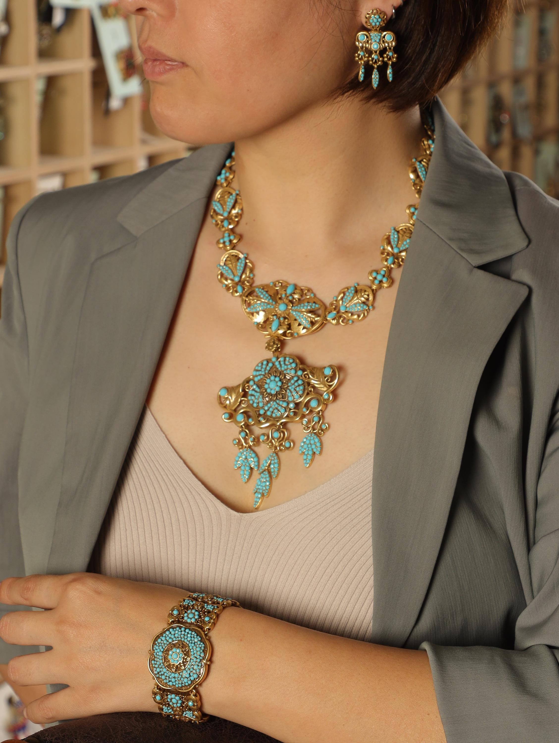 Vintage Turquoise Filigree Jewelry Set | Victorian Style Statement Necklace, Bracelet & Earrings | Antique Gold Bridal Jewelry Gift Set
