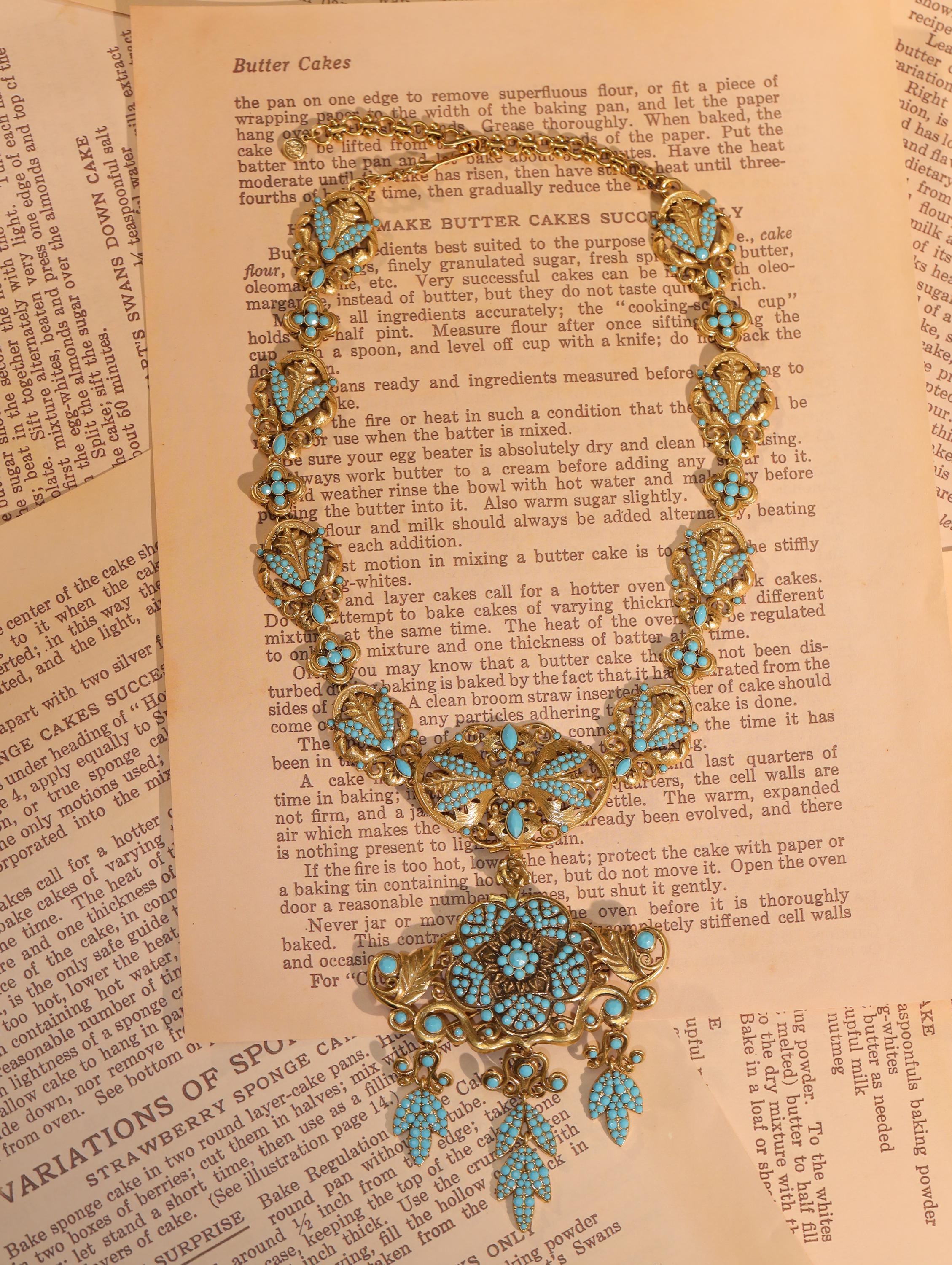 Vintage Turquoise Filigree Jewelry Set | Victorian Style Statement Necklace, Bracelet & Earrings | Antique Gold Bridal Jewelry Gift Set