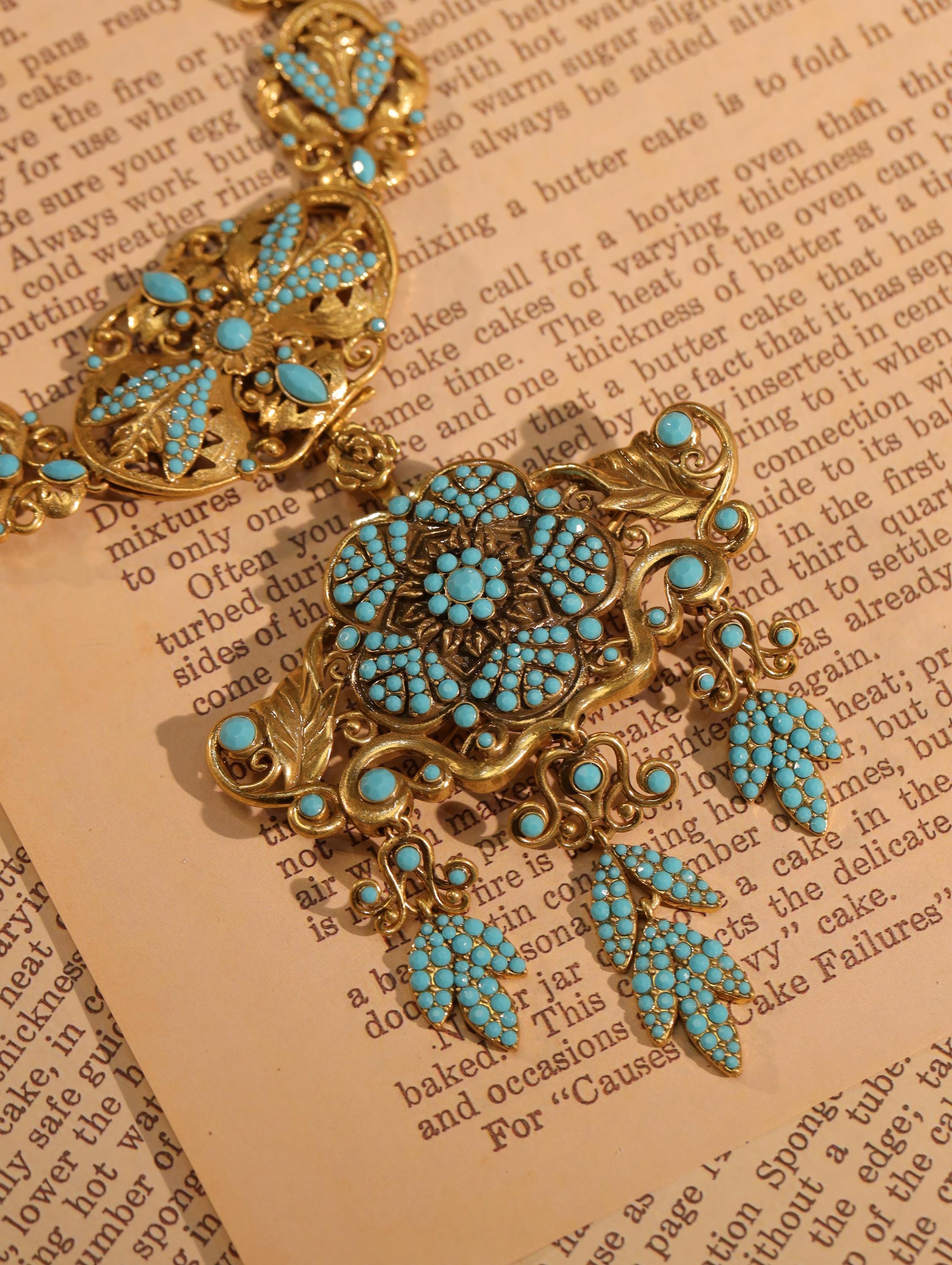 Vintage Turquoise Filigree Jewelry Set | Victorian Style Statement Necklace, Bracelet & Earrings | Antique Gold Bridal Jewelry Gift Set