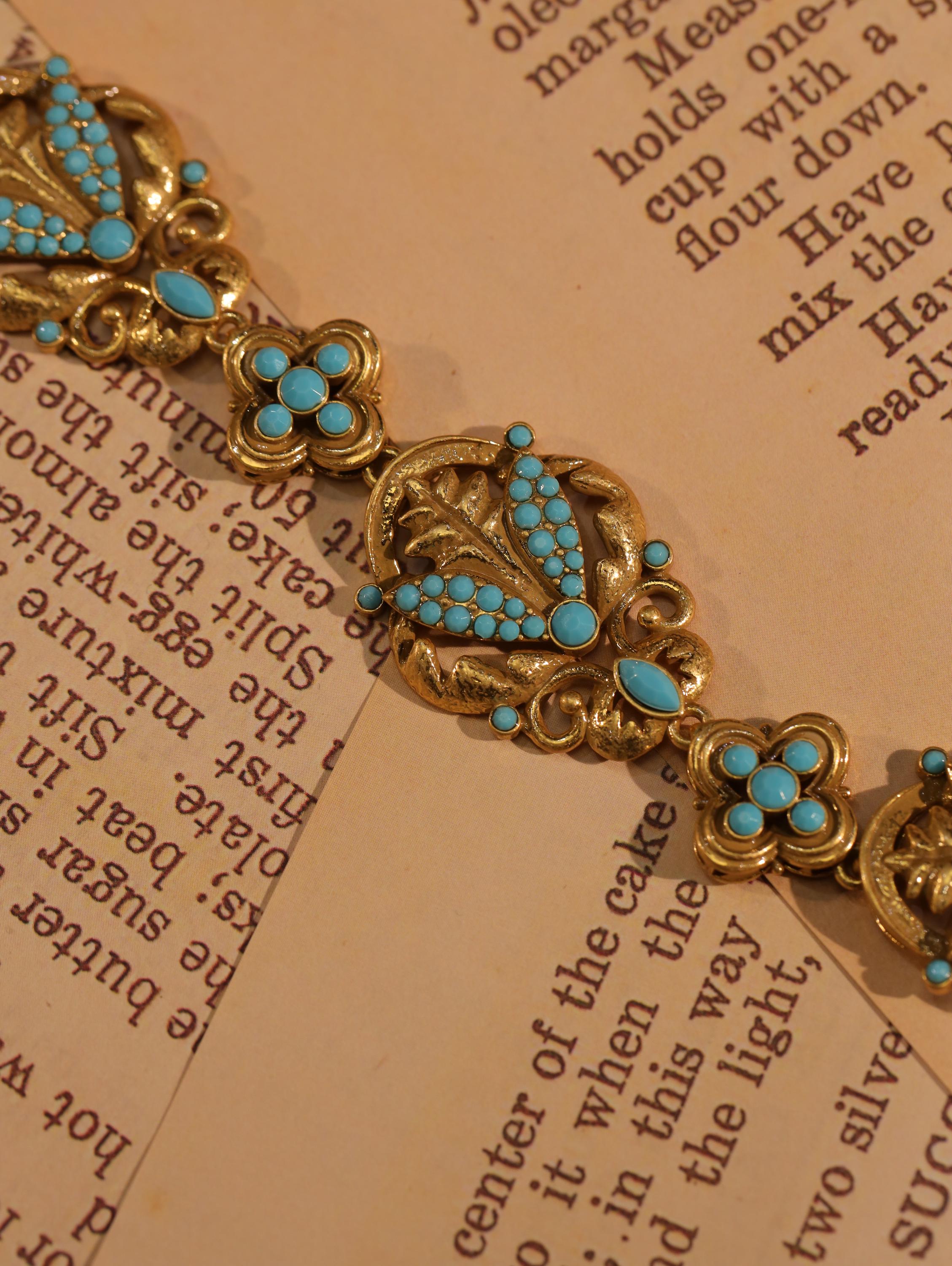 Vintage Turquoise Filigree Jewelry Set | Victorian Style Statement Necklace, Bracelet & Earrings | Antique Gold Bridal Jewelry Gift Set