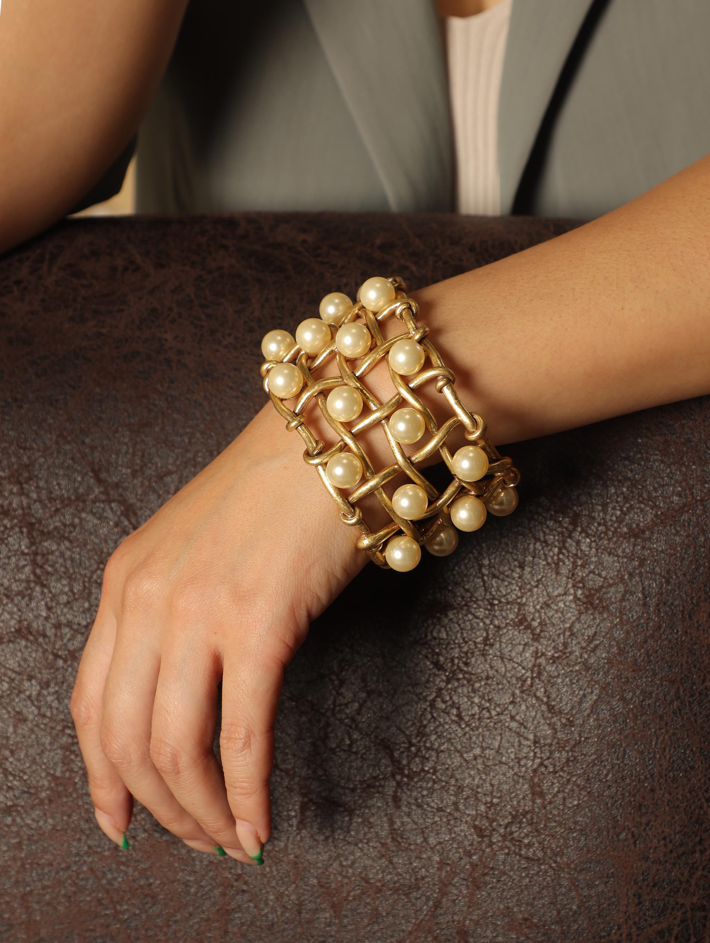 Vintage Statement Pearl Cuff Bracelet | Chunky Gold Woven Bangle | Retro Sculptural Jewelry Gift for Her