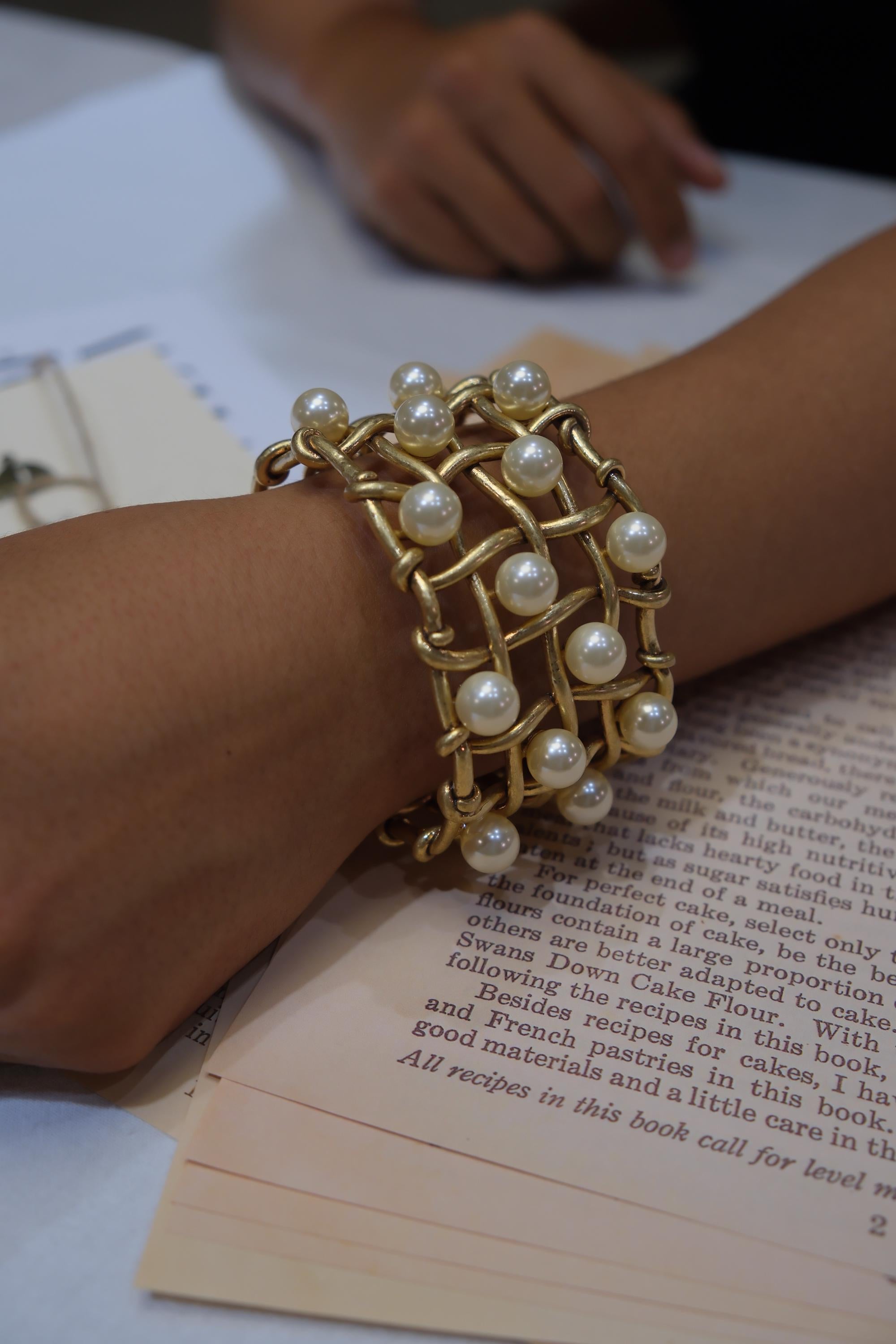 Vintage Statement Pearl Cuff Bracelet | Chunky Gold Woven Bangle | Retro Sculptural Jewelry Gift for Her