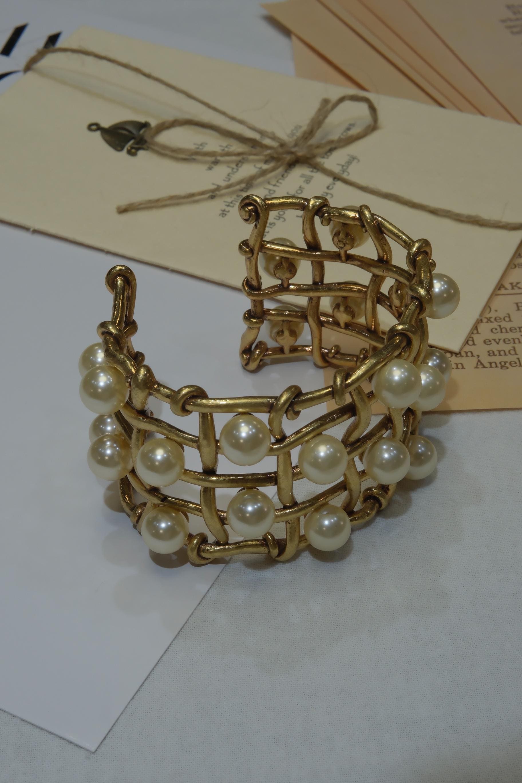 Vintage Statement Pearl Cuff Bracelet | Chunky Gold Woven Bangle | Retro Sculptural Jewelry Gift for Her