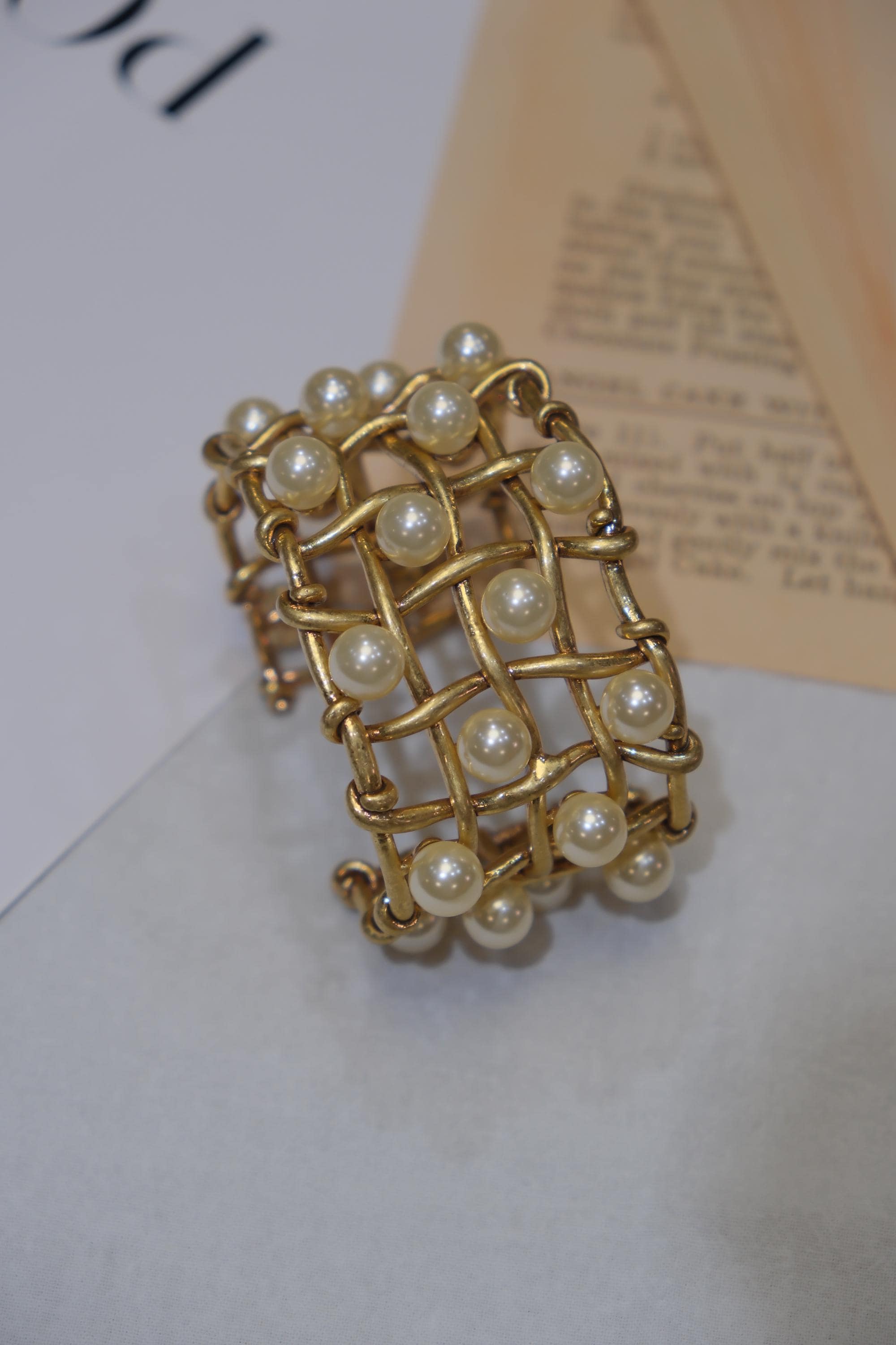 Vintage Statement Pearl Cuff Bracelet | Chunky Gold Woven Bangle | Retro Sculptural Jewelry Gift for Her