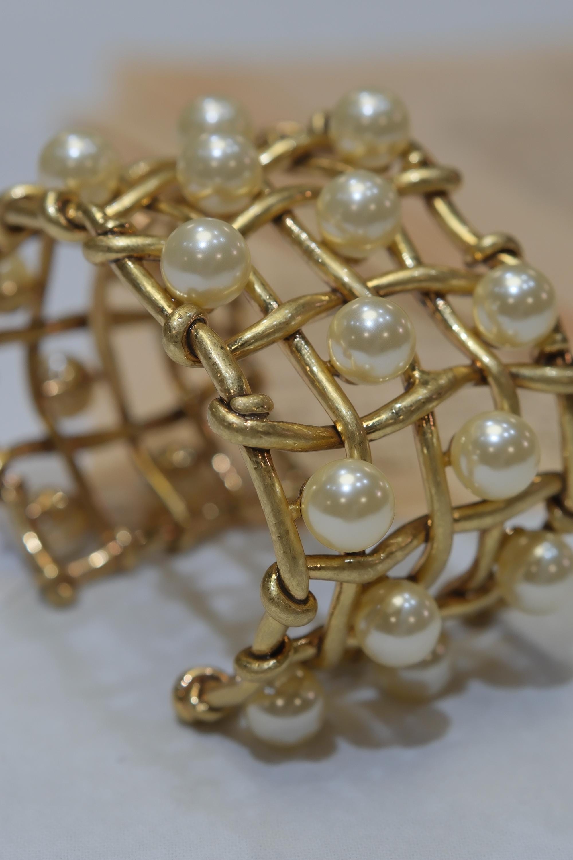 Vintage Statement Pearl Cuff Bracelet | Chunky Gold Woven Bangle | Retro Sculptural Jewelry Gift for Her