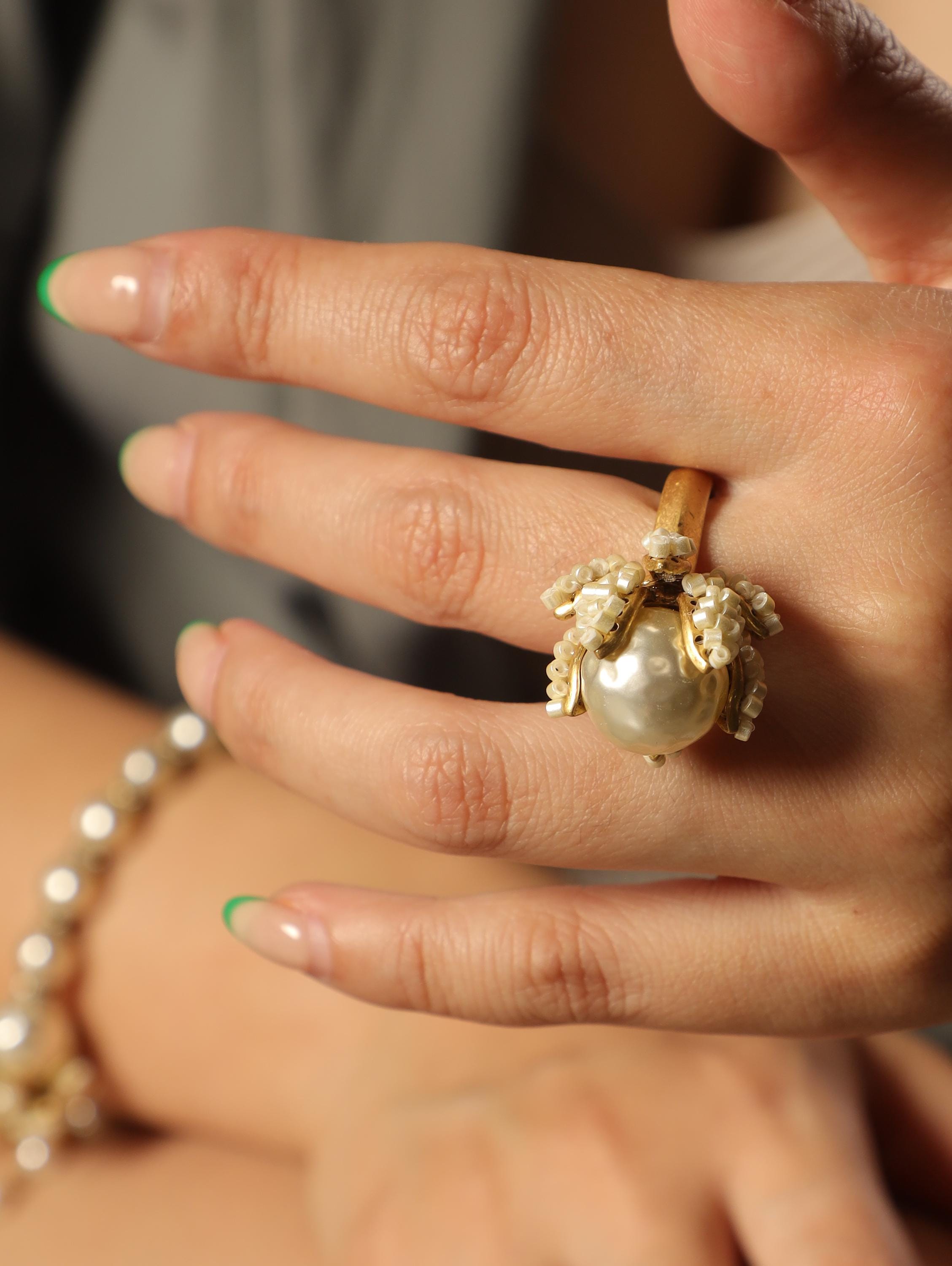 Vintage Pearl Bracelet & Ring Set  Gold Beaded Jewelry with Flower Bud Design, Elegant Gift for Her, Handmade Bridal Accessories