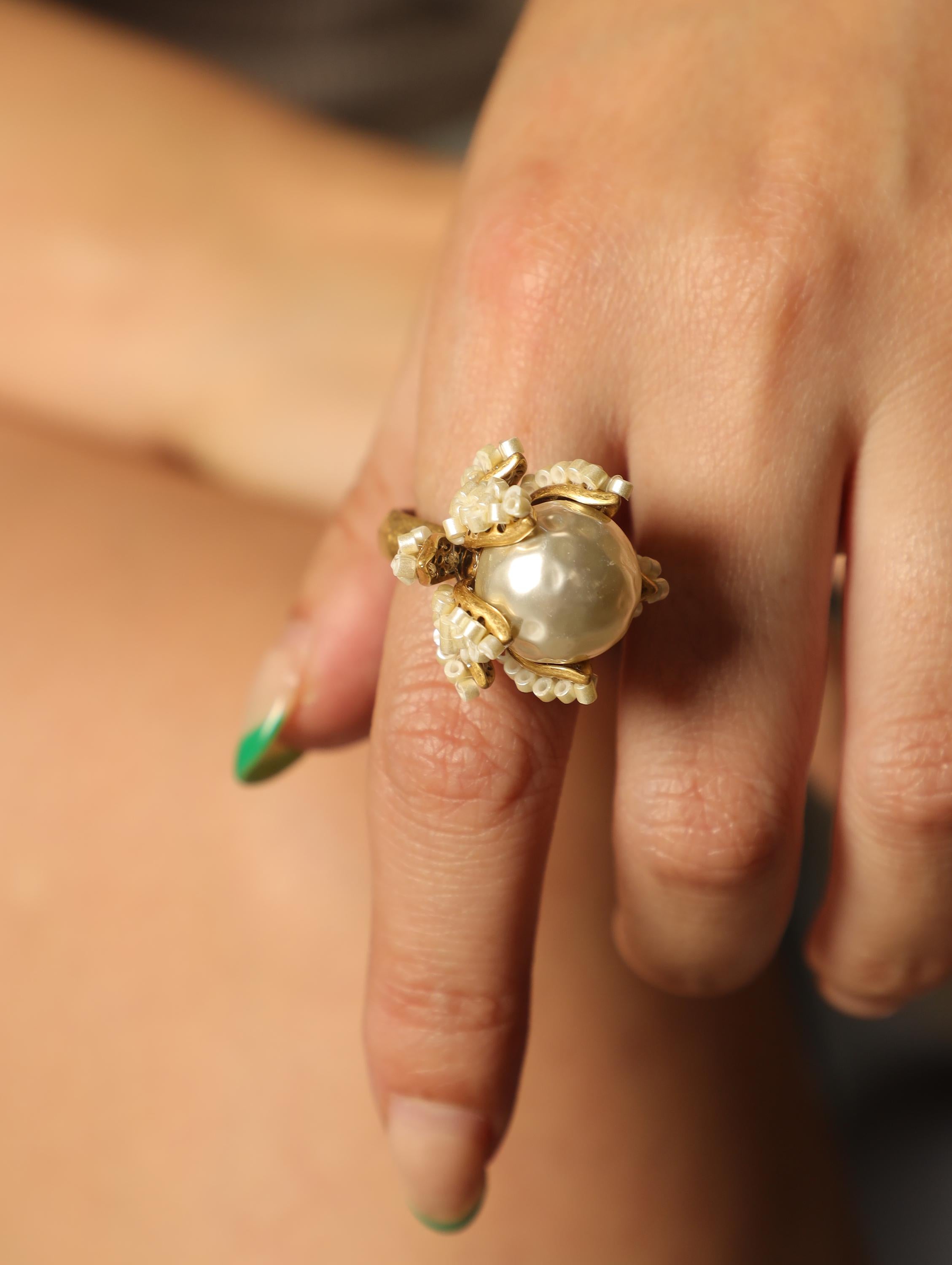 Vintage Pearl Bracelet & Ring Set  Gold Beaded Jewelry with Flower Bud Design, Elegant Gift for Her, Handmade Bridal Accessories