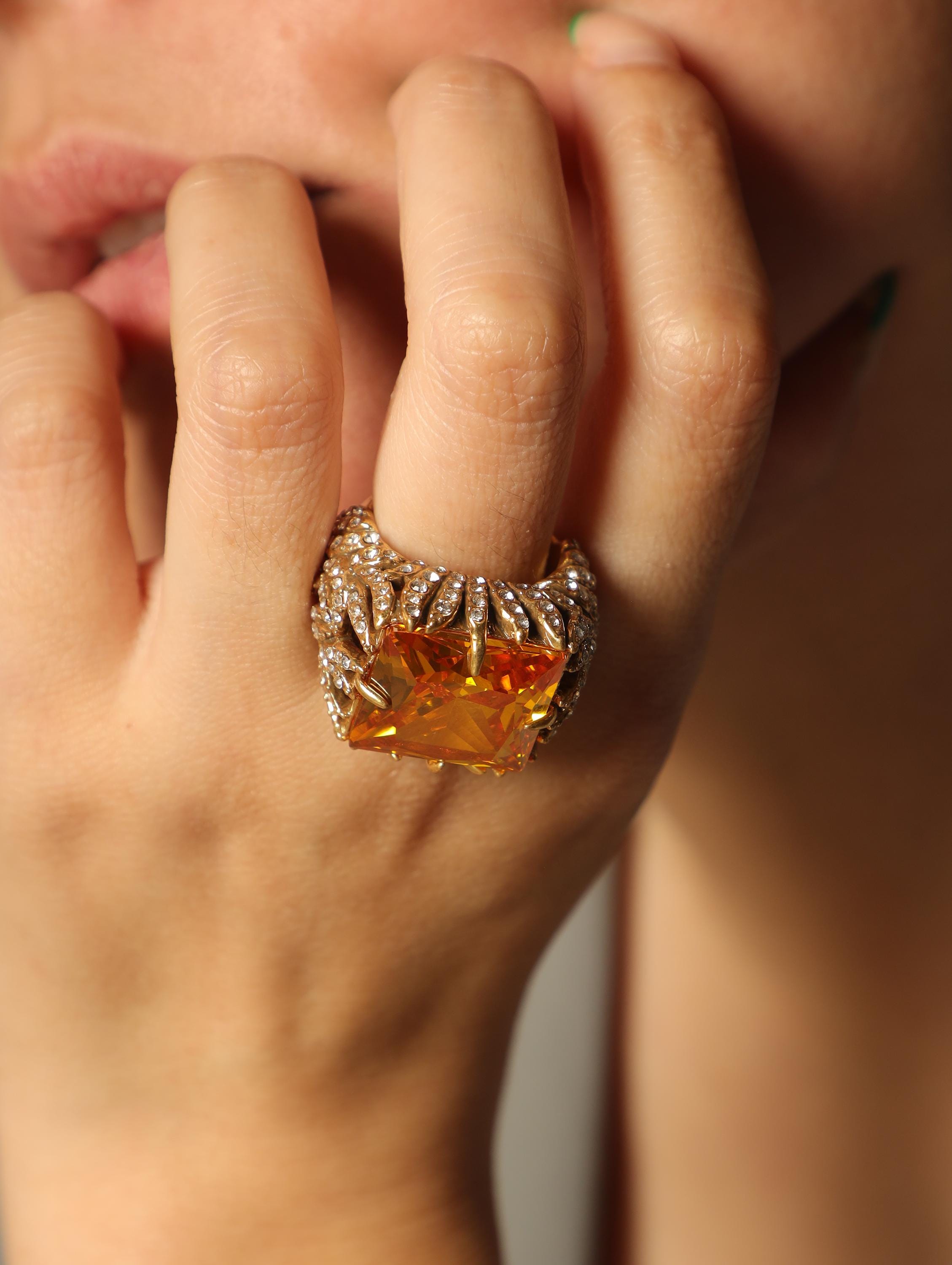 Swarovski Yellow Crystal Statement Ring  Vintage Gold Claw Cocktail Ring, Baroque Adjustable Jewelry, Bold Retro Gift for Her