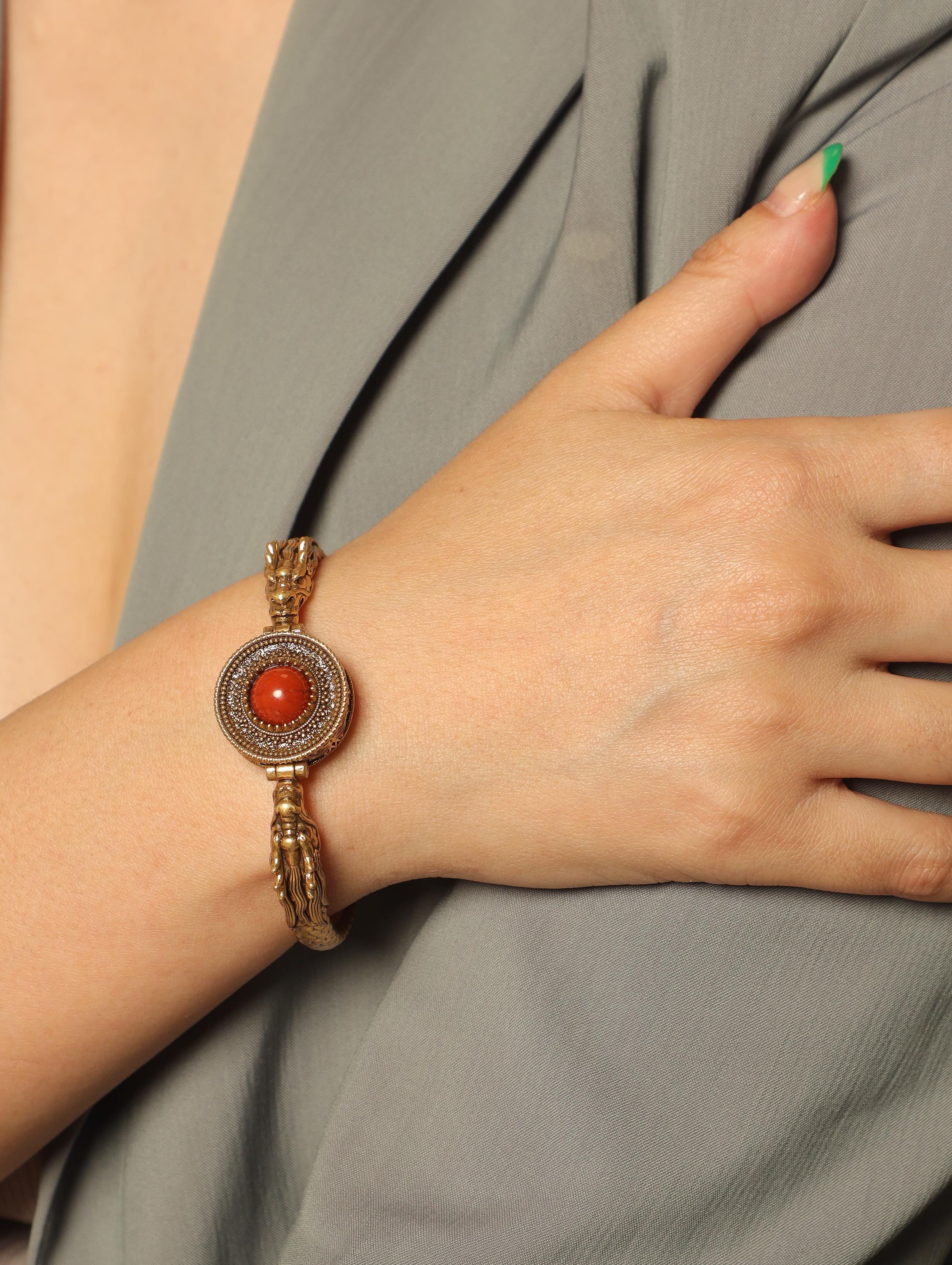 Bohemian Dragon Bangle and Tassel Earrings Set, Ethnic Gold Jewelry, Retro Red Stone Bracelet, Vintage Statement Gift for Her