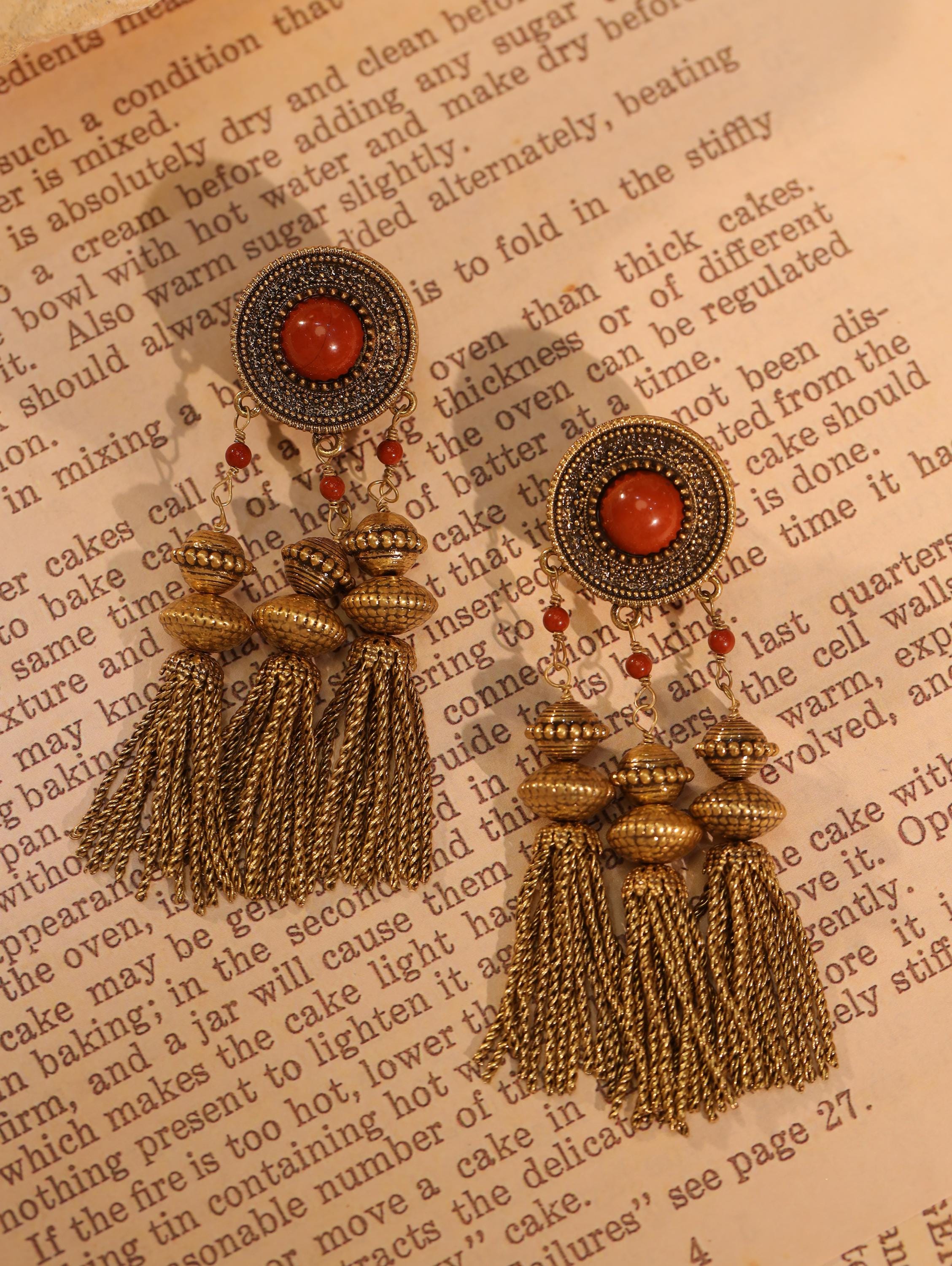 Bohemian Dragon Bangle and Tassel Earrings Set, Ethnic Gold Jewelry, Retro Red Stone Bracelet, Vintage Statement Gift for Her
