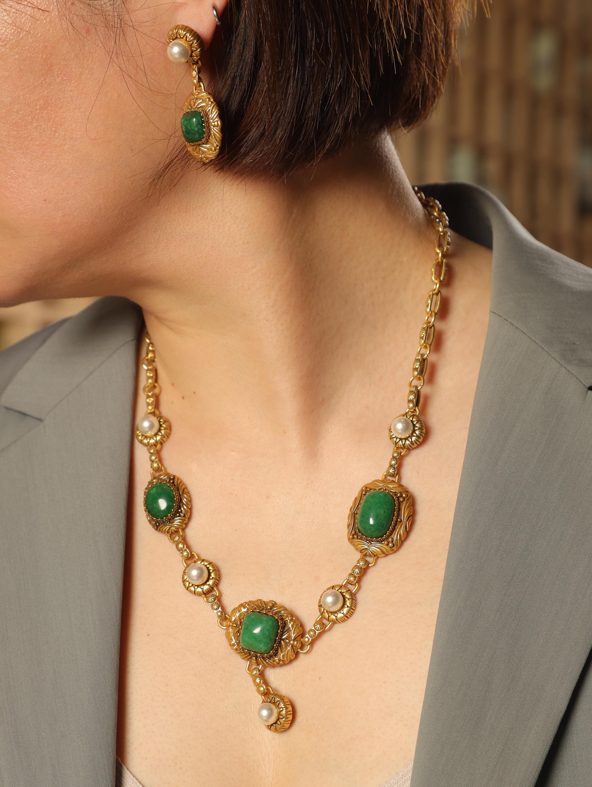 Vintage Jade Necklace and Earrings Set, Baroque Gold Jewelry with Pearl, Retro Royal Style Jewelry, Gift for Her Statement Set