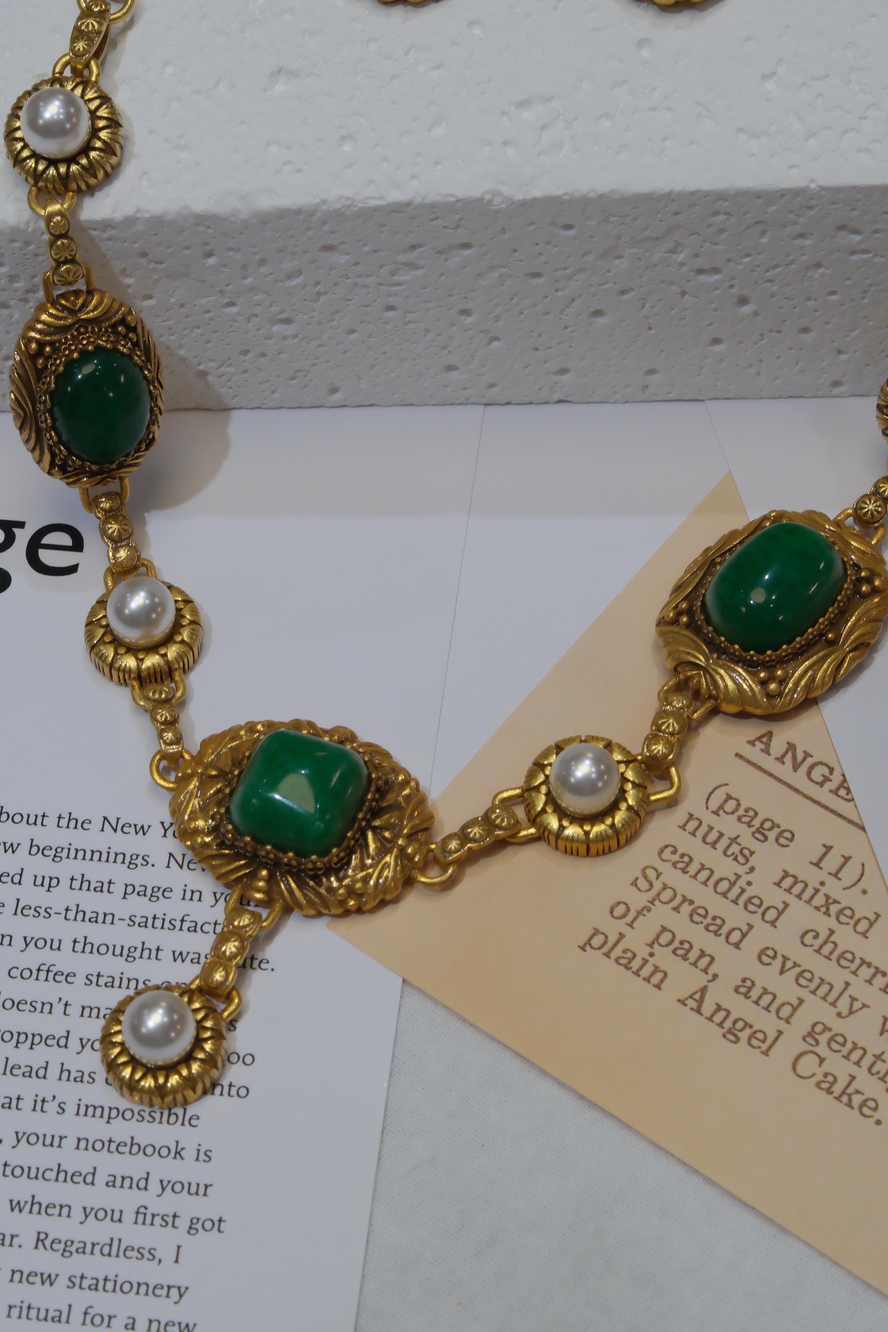 Vintage Jade Necklace and Earrings Set, Baroque Gold Jewelry with Pearl, Retro Royal Style Jewelry, Gift for Her Statement Set