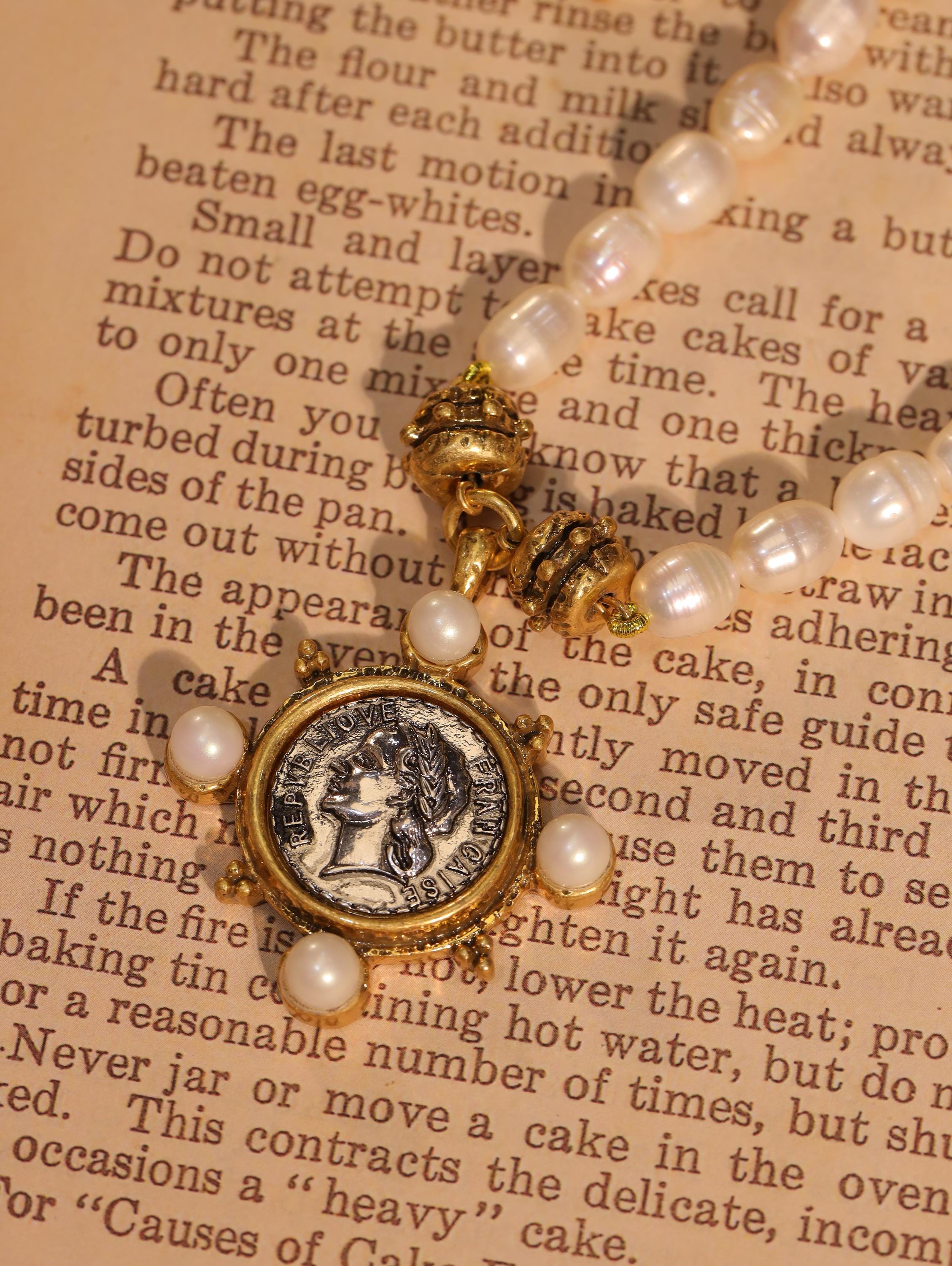 Baroque Pearl Necklace and Ring Set, Vintage Roman Coin Jewelry, Handmade Gold Plated Jewelry, Elegant Gift for Women, Retro Statement Set