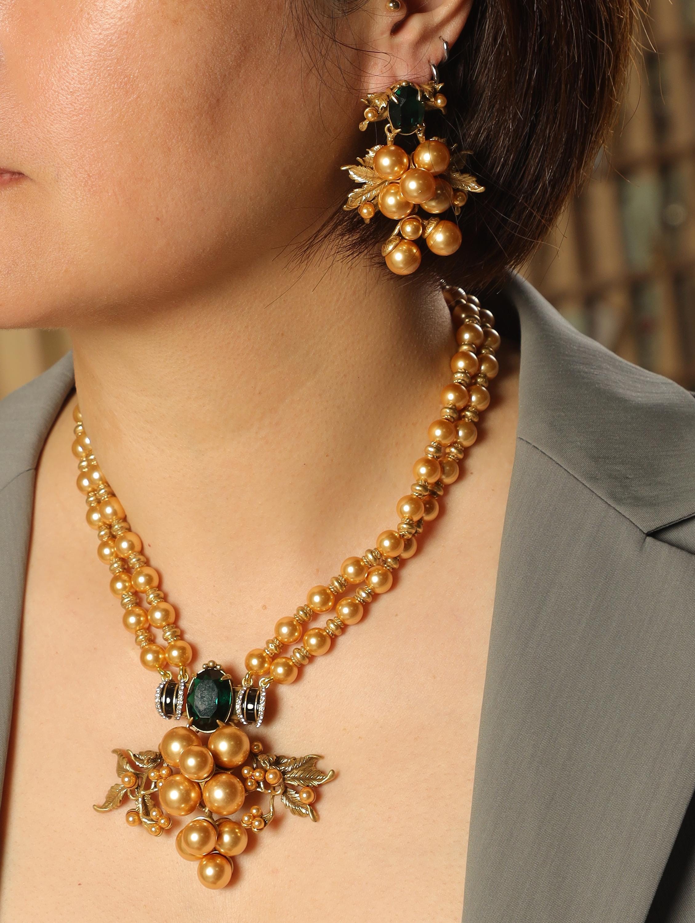 Green Crystal Statement Jewelry, Double Strand Gold Bead Jewelry, Elegant Gift for Her