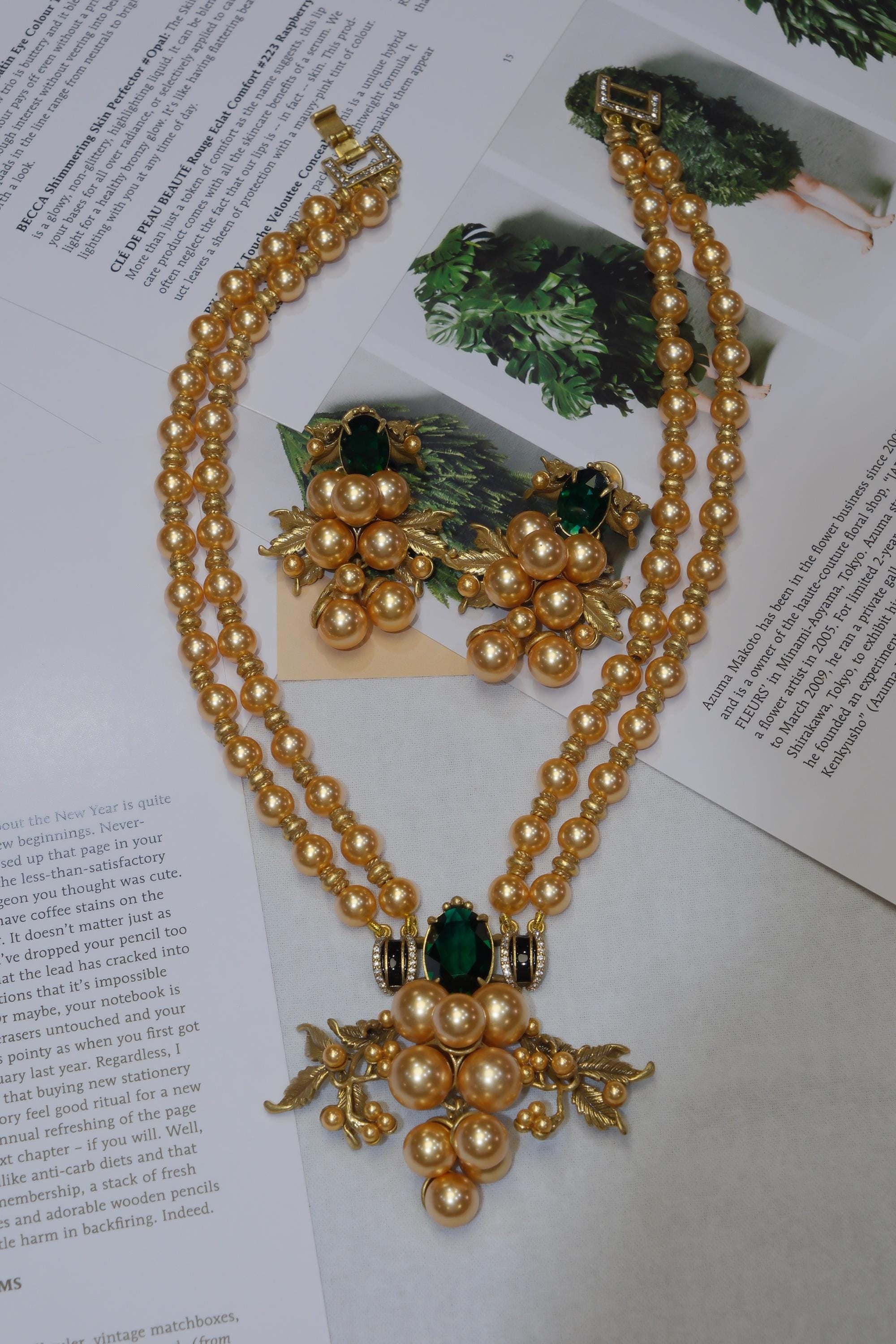 Green Crystal Statement Jewelry, Double Strand Gold Bead Jewelry, Elegant Gift for Her