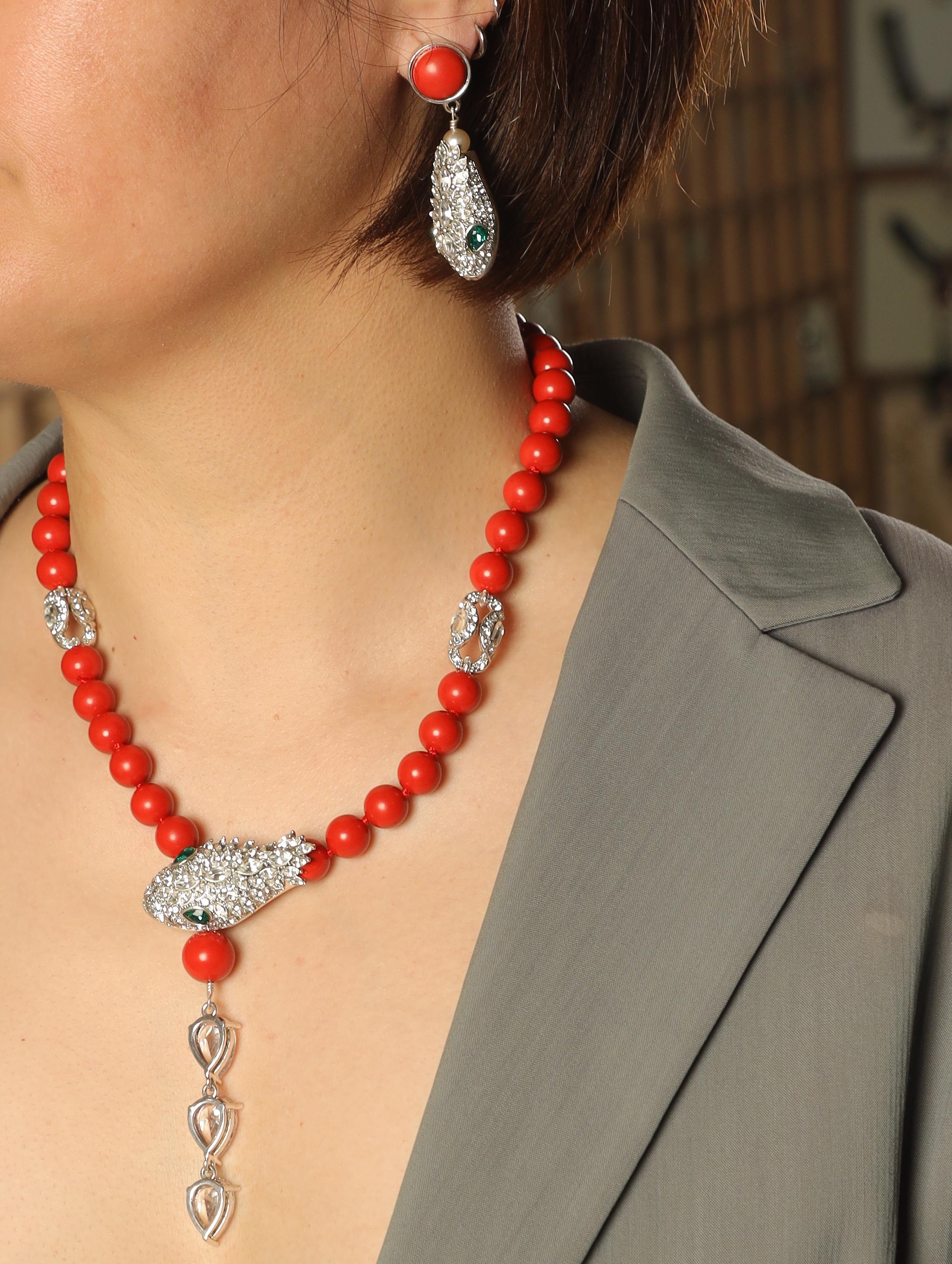 Vintage Red Coral Beaded Necklace and Earrings Set, Luxury Crystal Leopard Design, Green Eye Detail, Elegant Statement Jewelry Gift
