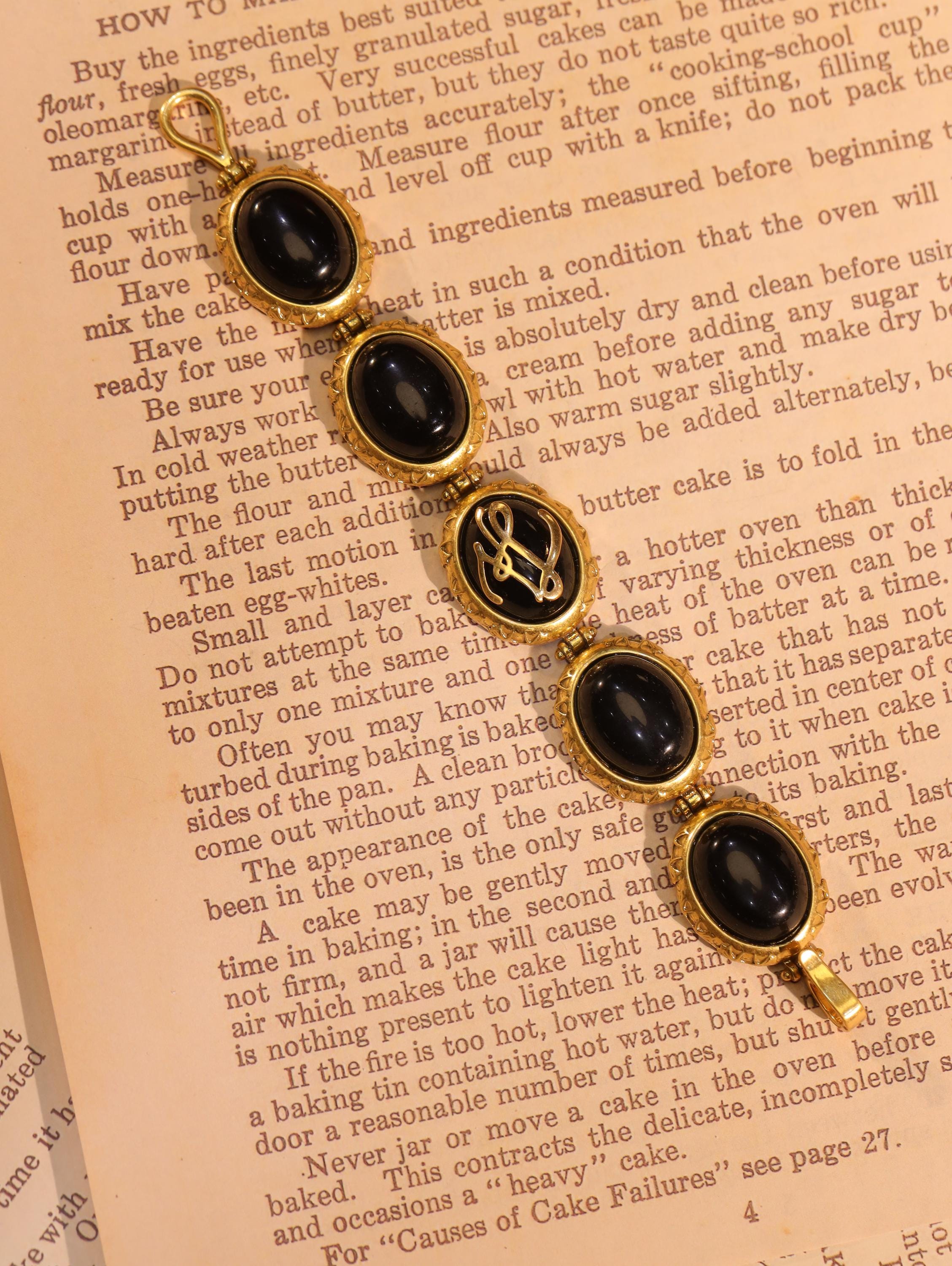 Handmade French Vintage Black Onyx Bracelet, Natural Gemstone Bangle, 18K Gold Plated Engraved Floral Design, Luxury Statement Jewelry