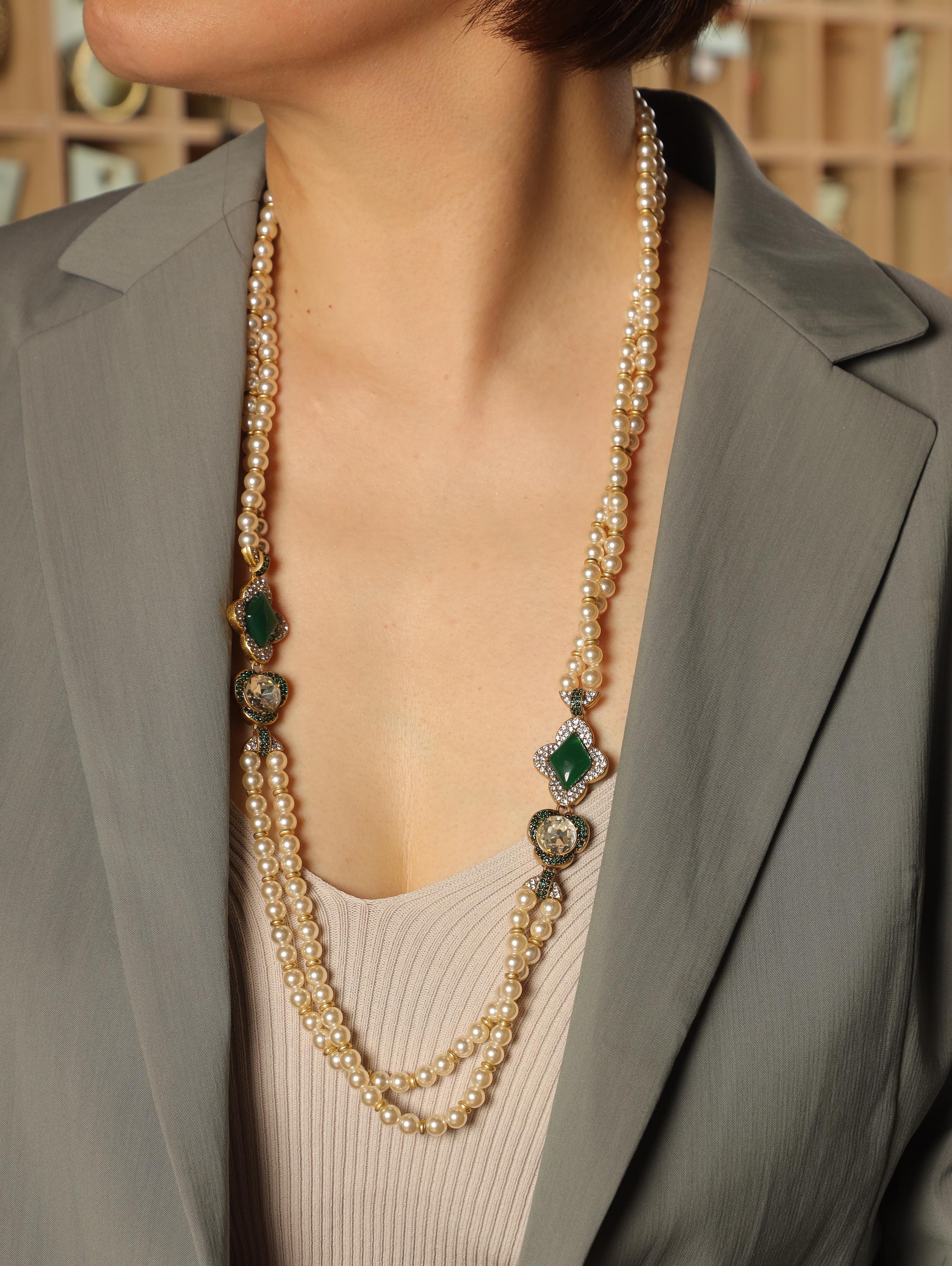 Handcrafted Jade & Swarovski Pearl Necklace Set, Luxury Artisan Jewelry, 18K Gold Royal Statement, High-End Bridal Gala Jewelry  Collectors