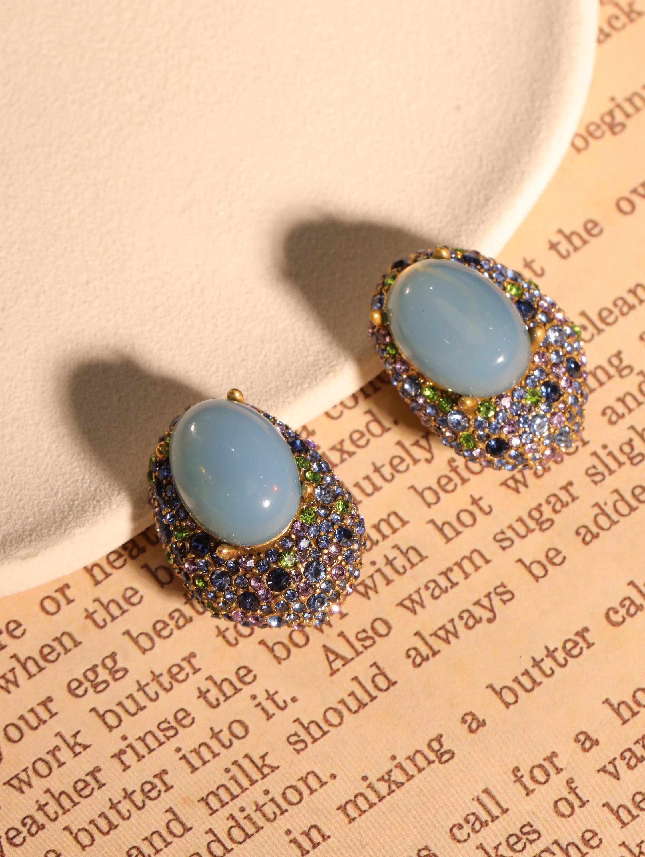 Handcrafted Blue Agate | Swarovski Crystal Jewelry Set, Luxury Artisan Ring & Earrings, 18K Gold, High-End Collector Statement Jewelry