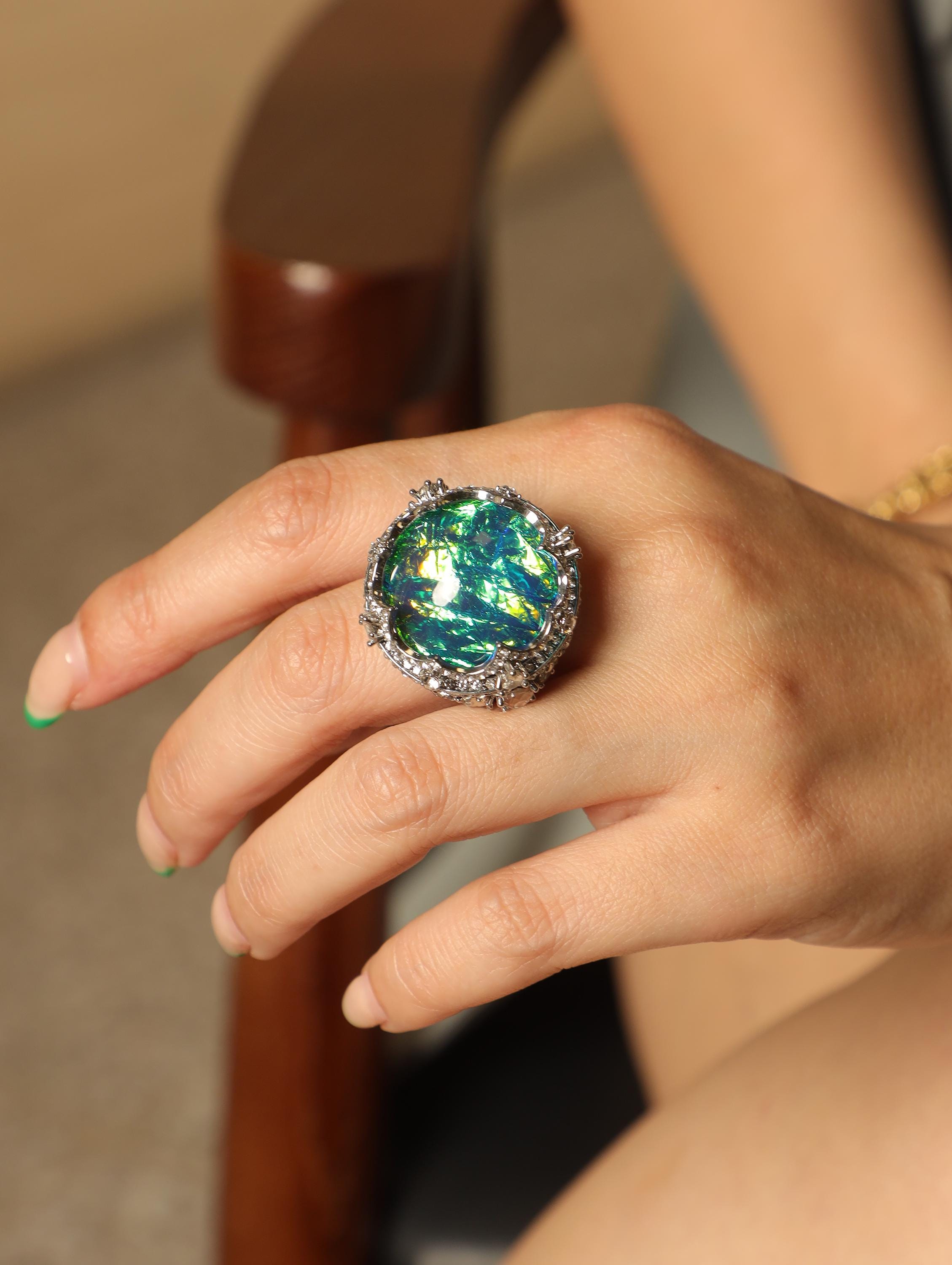 Swarovski Crystal Statement Ring, Luxury Artisan Cocktail Ring, Handcrafted 18K White Gold Plated, High-End Designer Jewelry