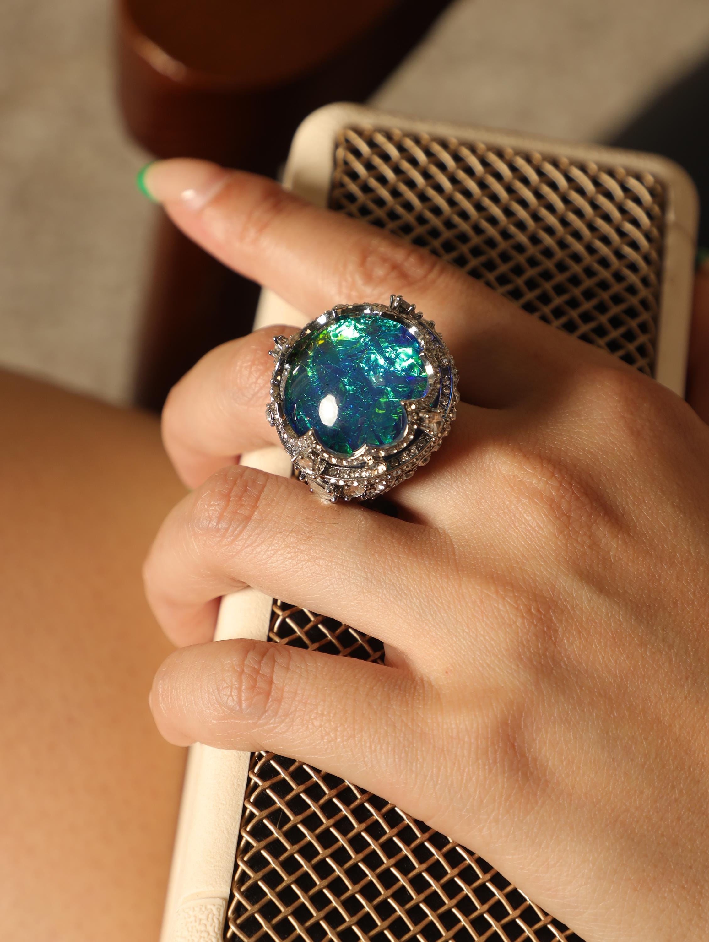Swarovski Crystal Statement Ring, Luxury Artisan Cocktail Ring, Handcrafted 18K White Gold Plated, High-End Designer Jewelry