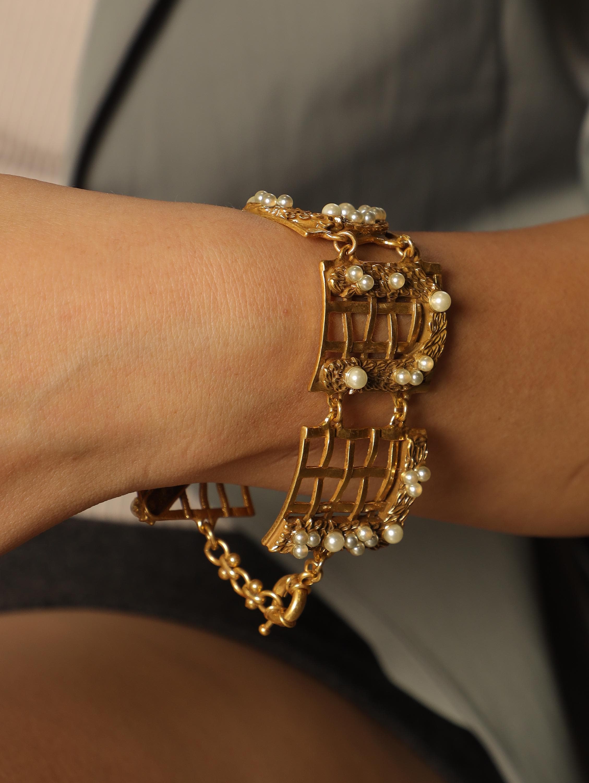 Vintage Luxury Handmade Bracelet, 18K Gold Plated Filigree, Natural Pearls & Swarovski Crystals, Artisan Statement Jewelry for Collectors