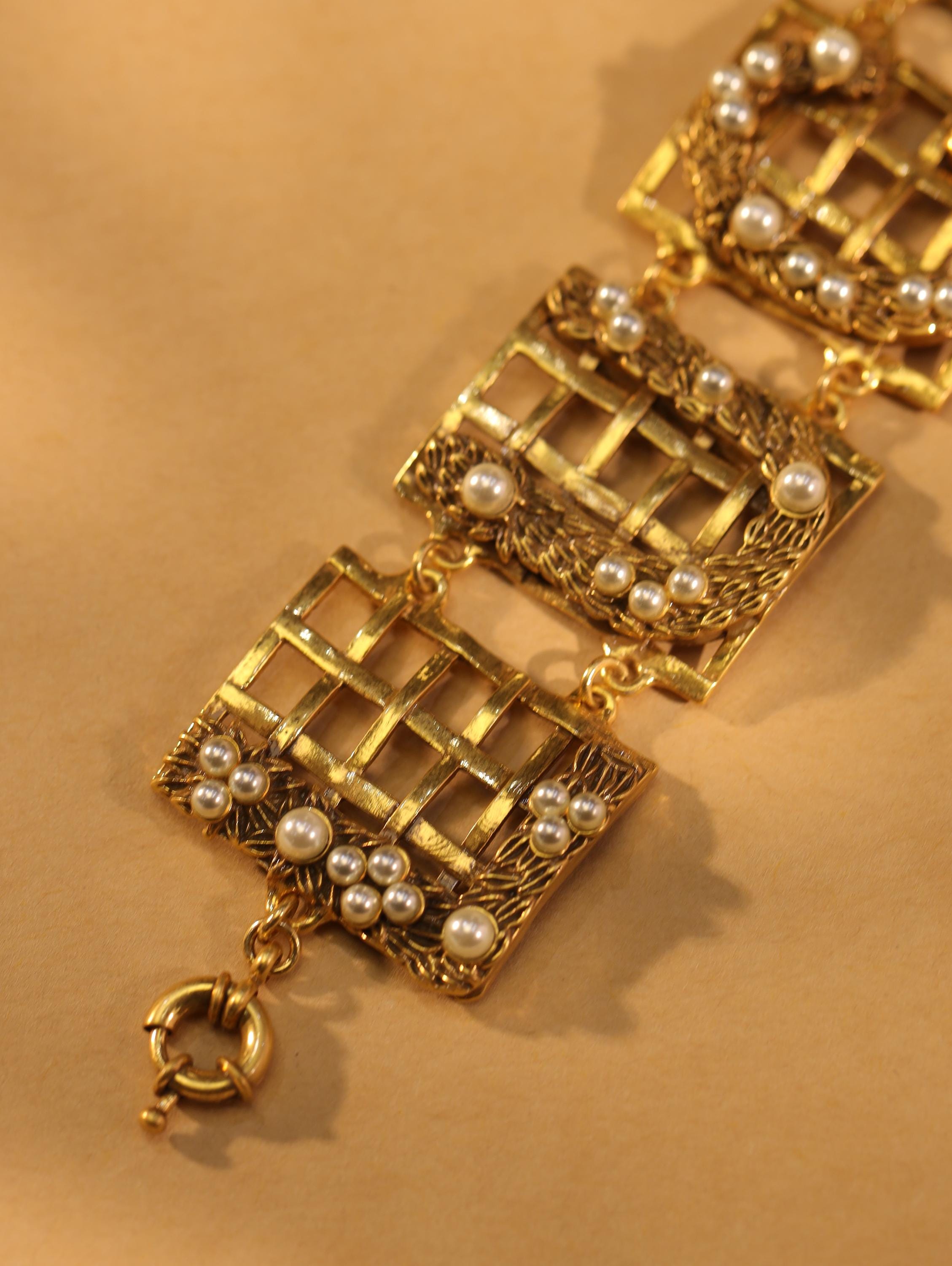 Vintage Luxury Handmade Bracelet, 18K Gold Plated Filigree, Natural Pearls & Swarovski Crystals, Artisan Statement Jewelry for Collectors