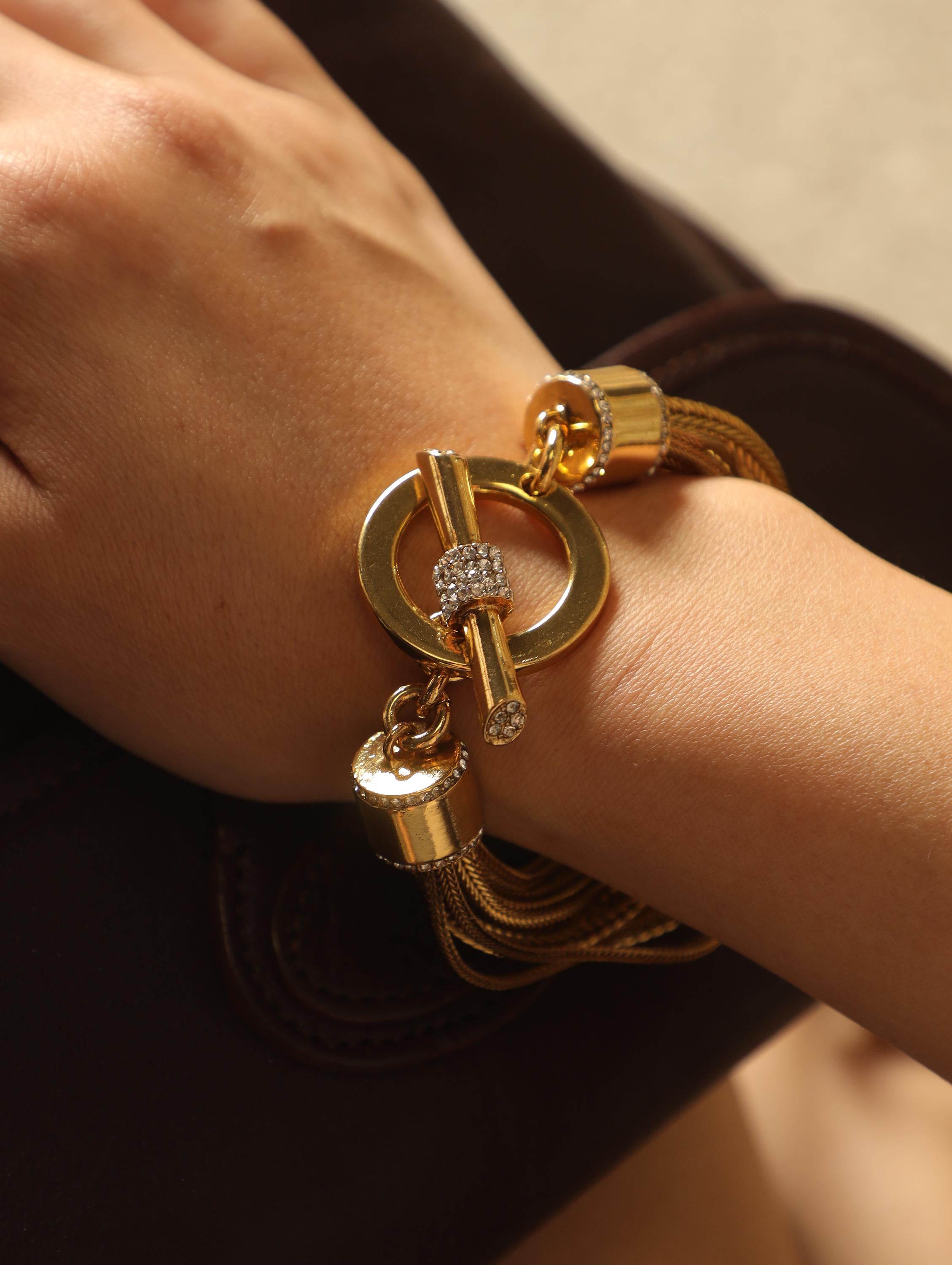 Modern Luxury Multi-Strand Bracelet, 18K Gold Plated, Artisan Twisted Rope Chain, Diamond Accent Toggle Clasp, Statement Designer Jewelry