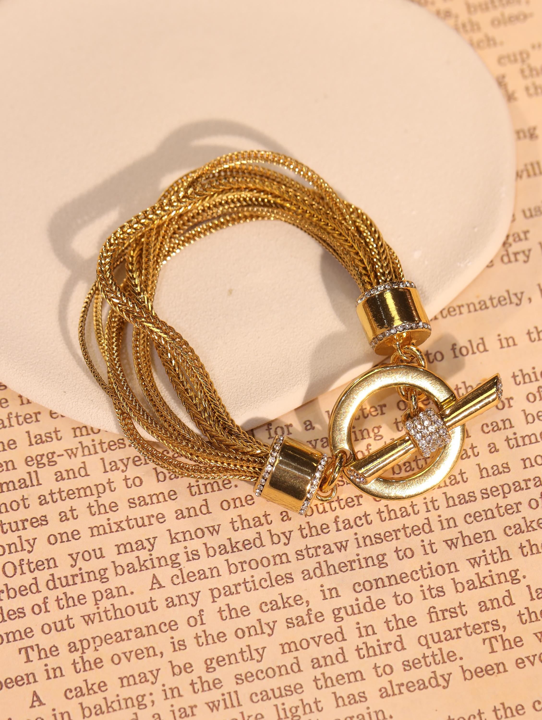 Modern Luxury Multi-Strand Bracelet, 18K Gold Plated, Artisan Twisted Rope Chain, Diamond Accent Toggle Clasp, Statement Designer Jewelry